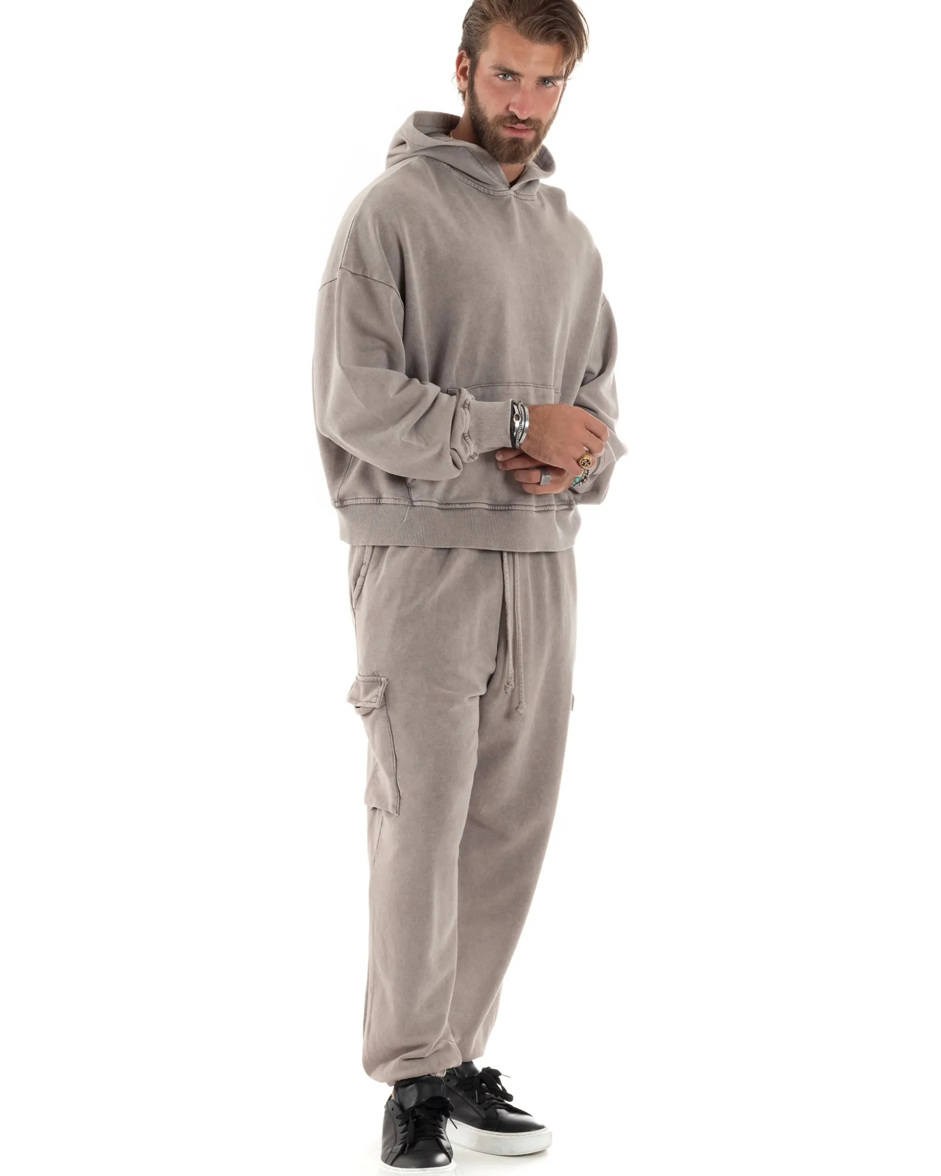 Completo Tuta Uomo Felpa Cappuccio Pantaloni Cargo Cotone Garzato StoneWashed Beige OU2473A