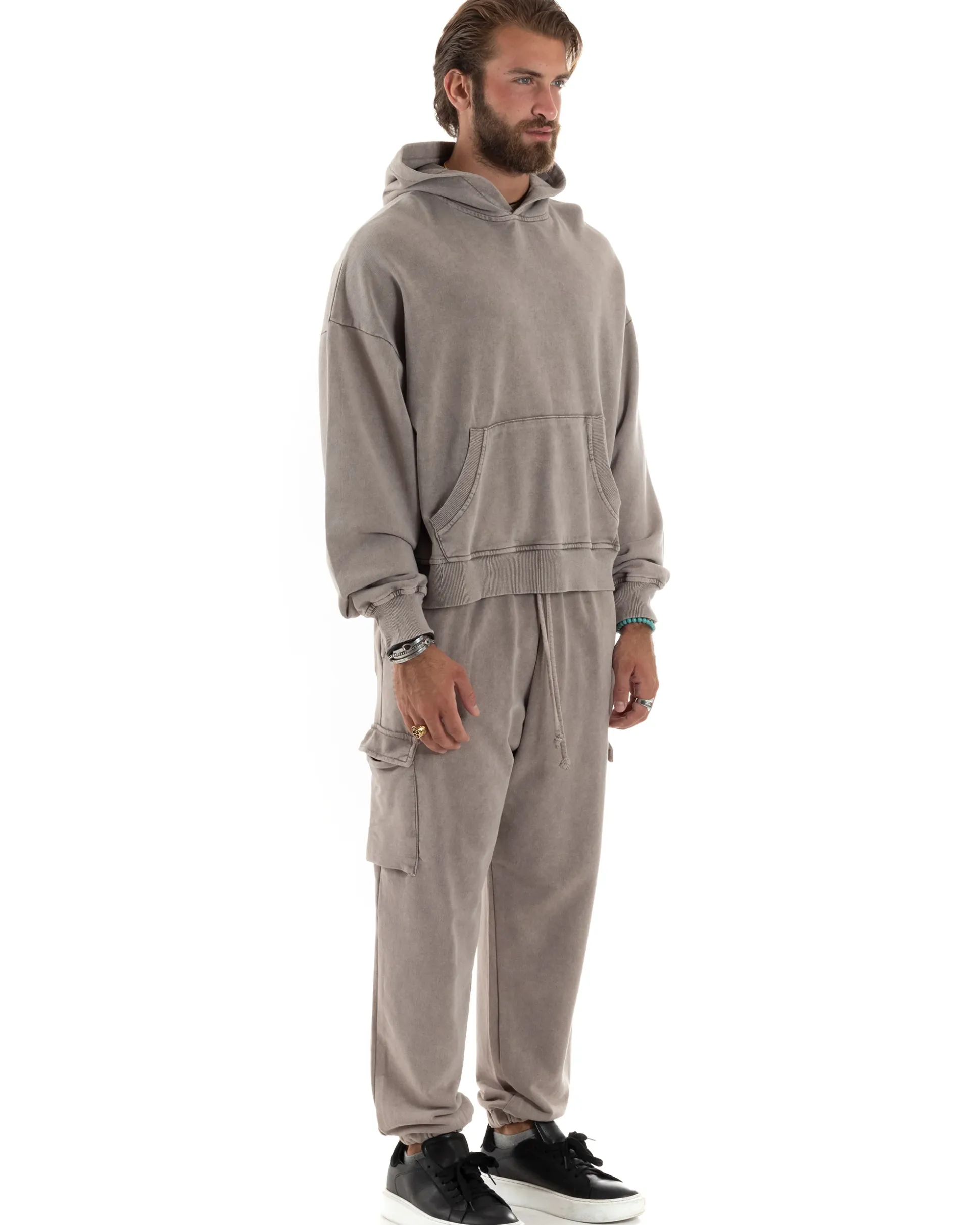 Completo Tuta Uomo Felpa Cappuccio Pantaloni Cargo Cotone Garzato StoneWashed Beige OU2473A