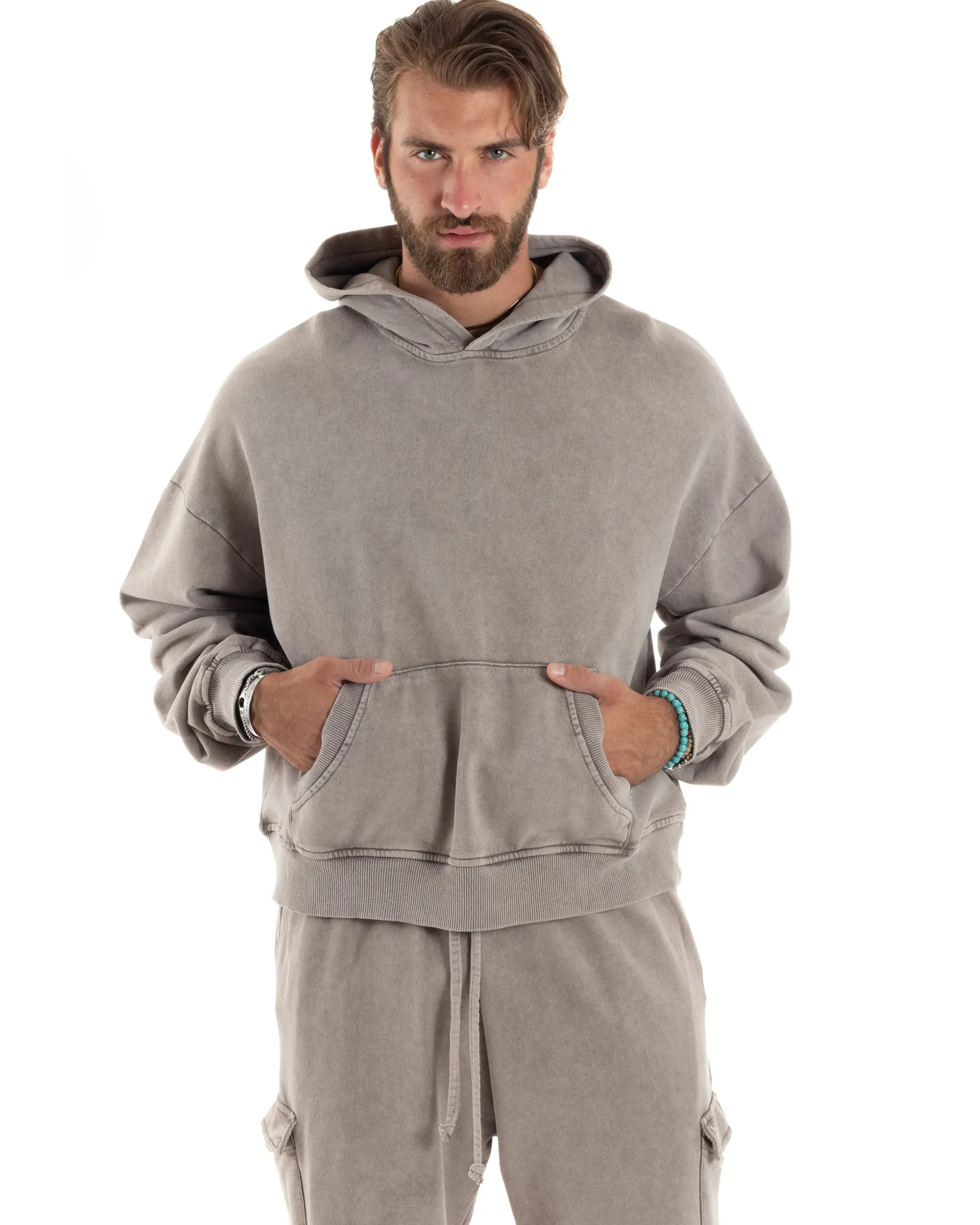 Completo Tuta Uomo Felpa Cappuccio Pantaloni Cargo Cotone Garzato StoneWashed Beige OU2473A