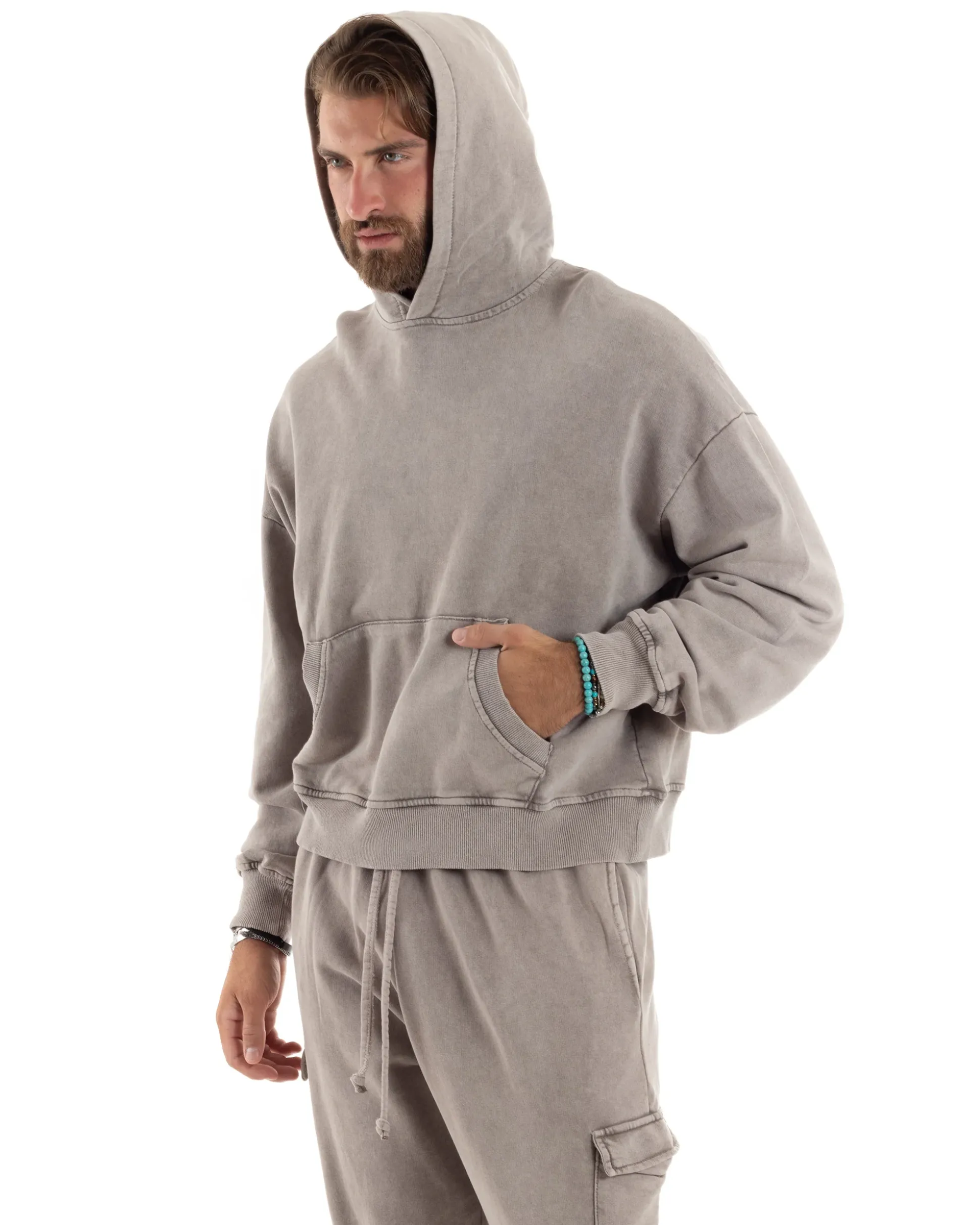 Completo Tuta Uomo Felpa Cappuccio Pantaloni Cargo Cotone Garzato StoneWashed Beige OU2473A