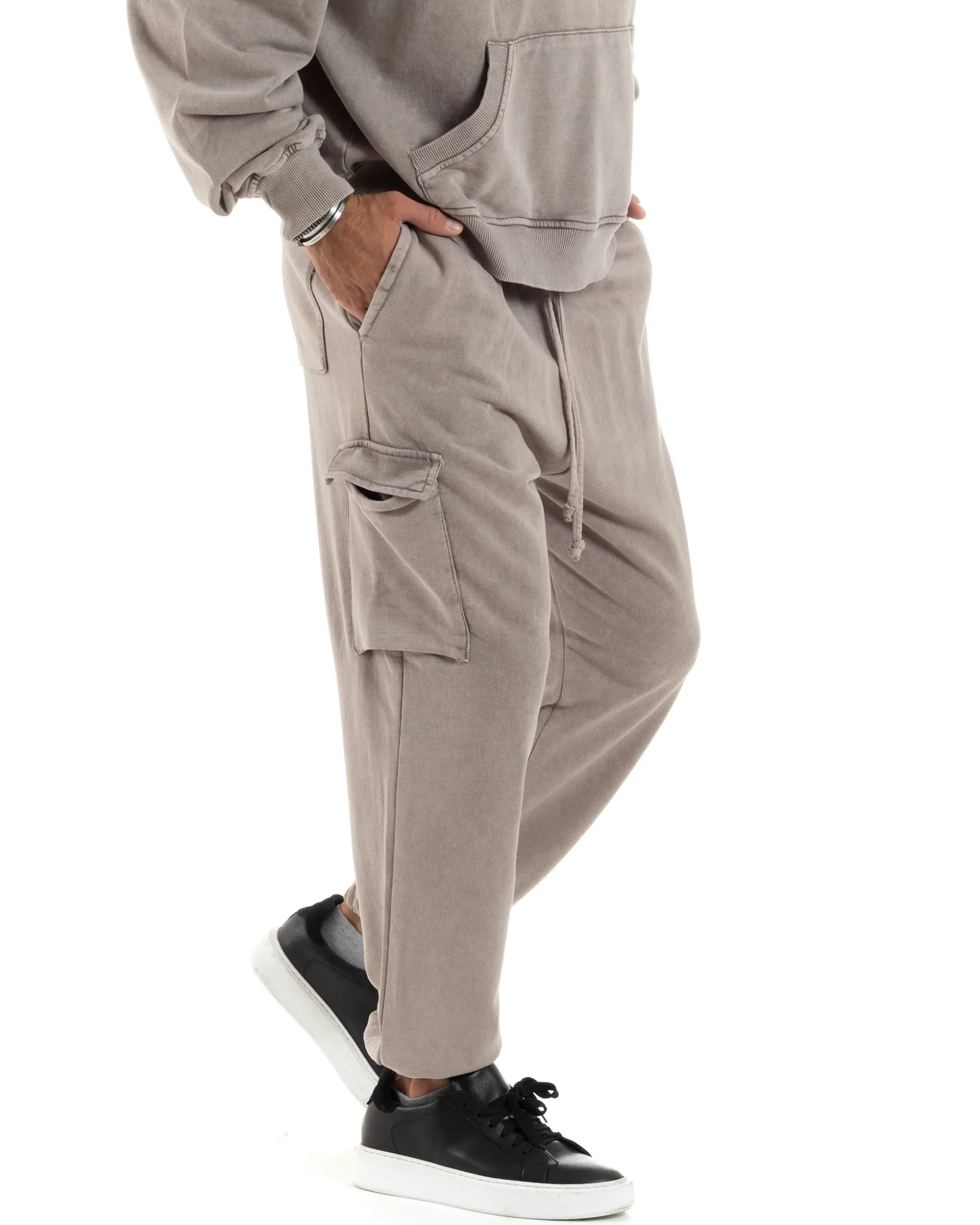 Completo Tuta Uomo Felpa Cappuccio Pantaloni Cargo Cotone Garzato StoneWashed Beige OU2473A