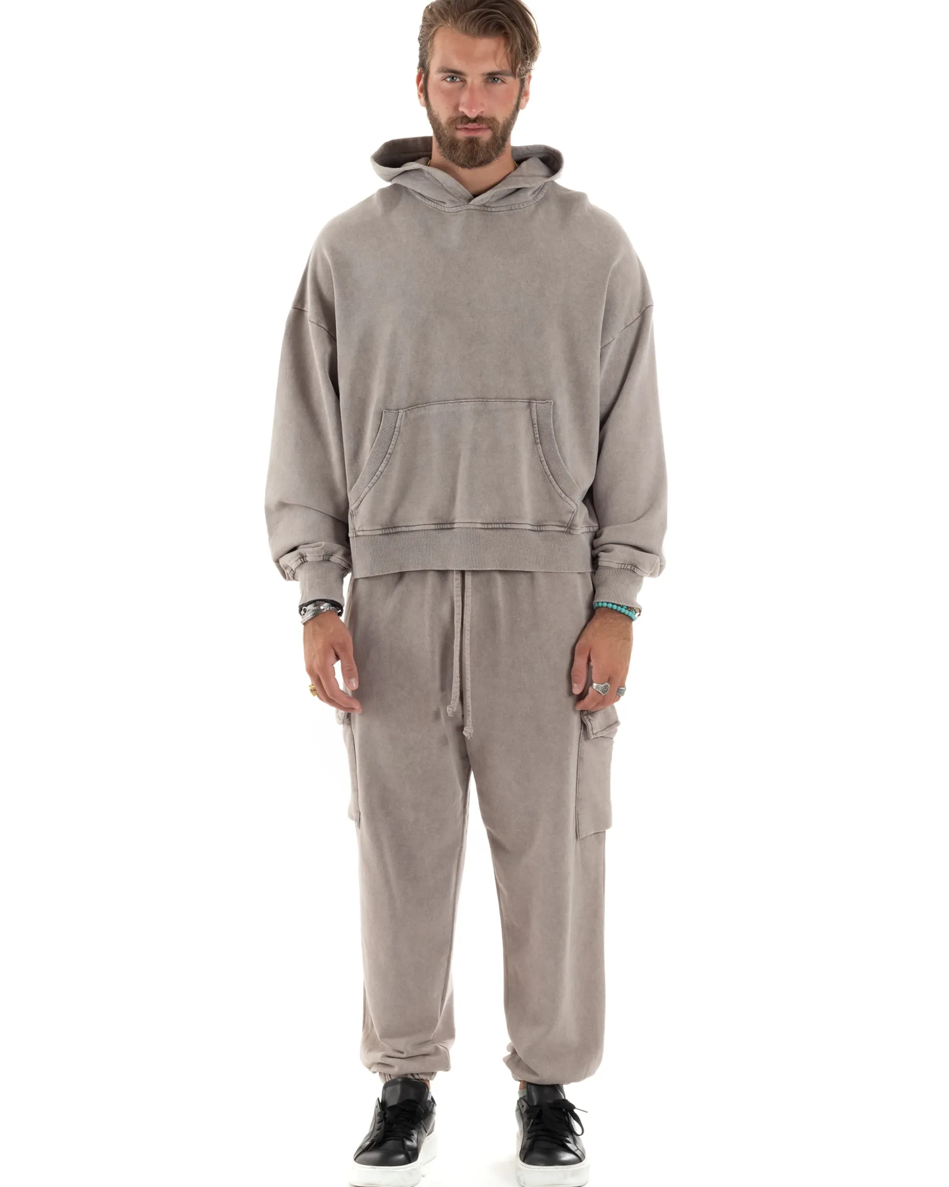 Completo Tuta Uomo Felpa Cappuccio Pantaloni Cargo Cotone Garzato StoneWashed Beige OU2473A