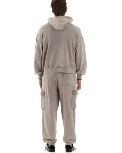 Completo Tuta Uomo Felpa Cappuccio Pantaloni Cargo Cotone Garzato StoneWashed Beige OU2473A