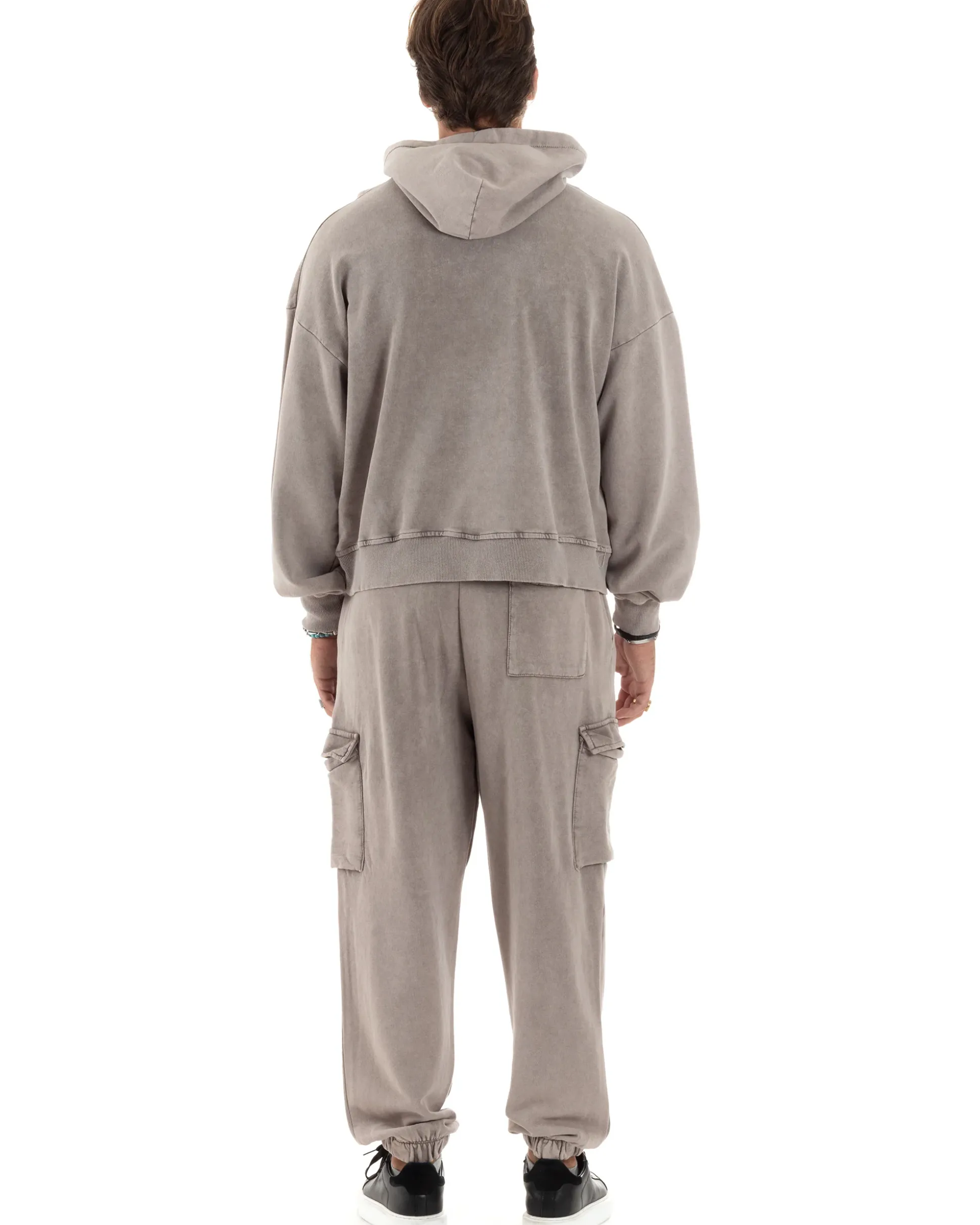 Completo Tuta Uomo Felpa Cappuccio Pantaloni Cargo Cotone Garzato StoneWashed Beige OU2473A