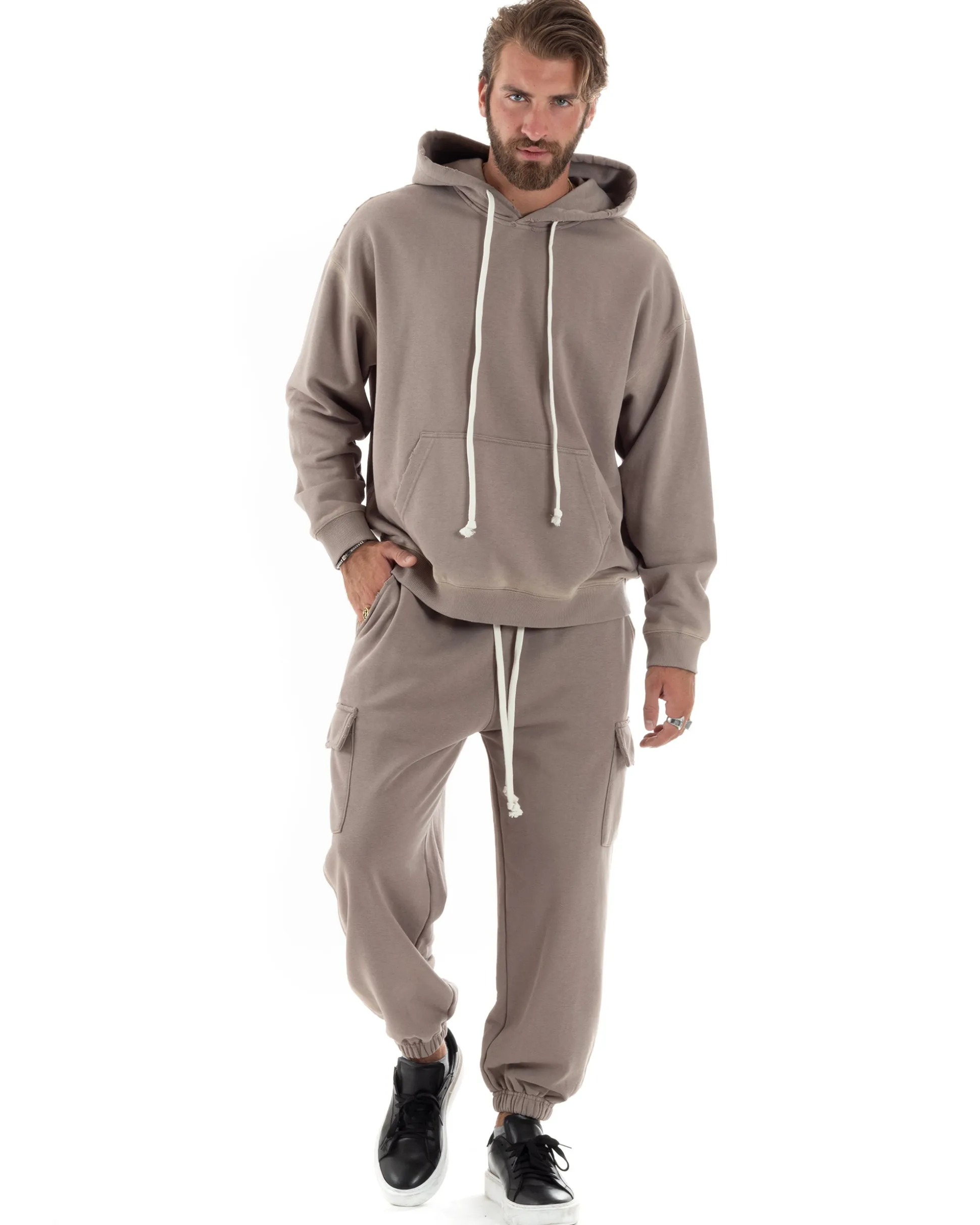 Completo Tuta Uomo Slavato Caldo Cotone Tracksuit Felpa Pantaloni Cargo Fango OU2477A