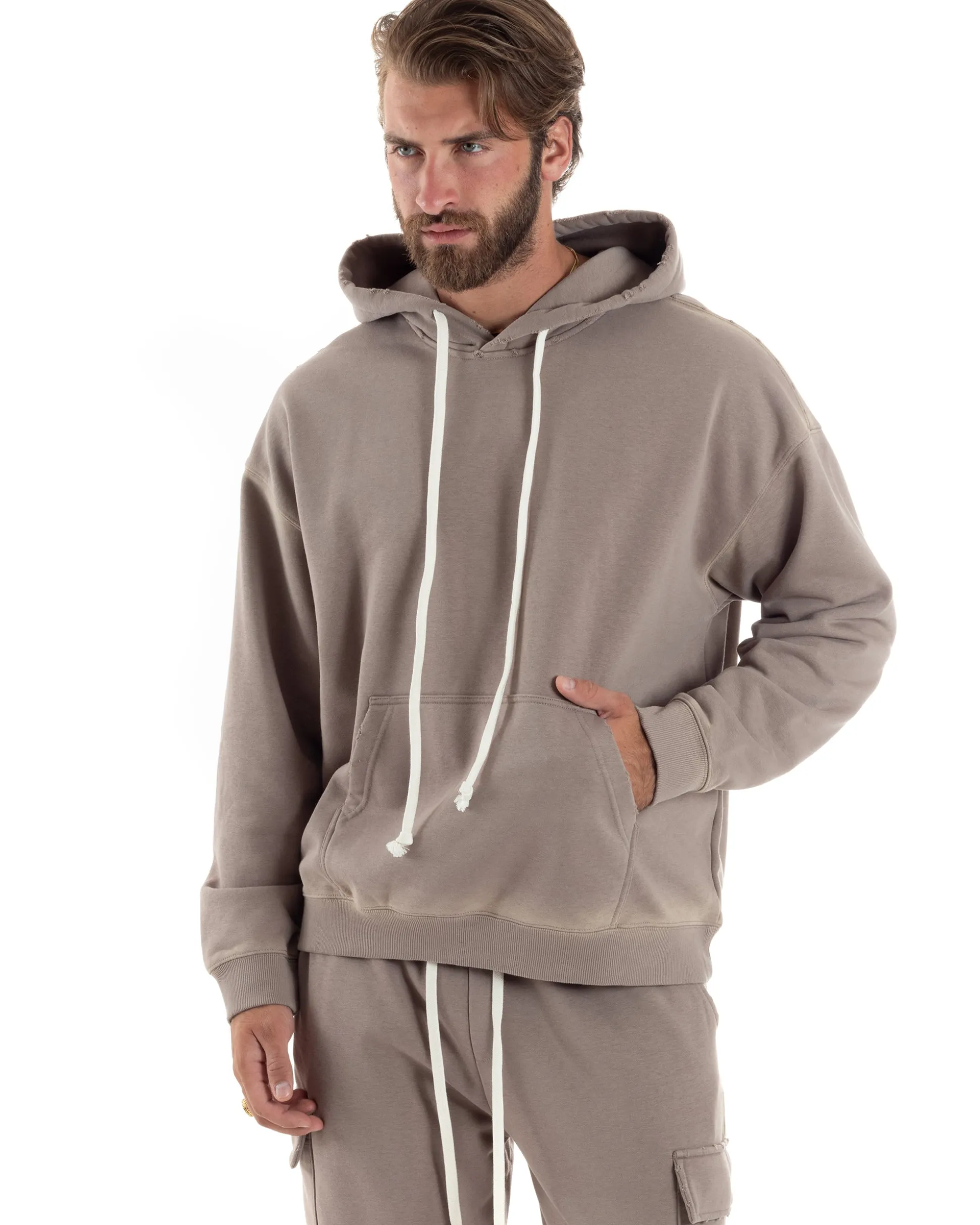 Completo Tuta Uomo Slavato Caldo Cotone Tracksuit Felpa Pantaloni Cargo Fango OU2477A