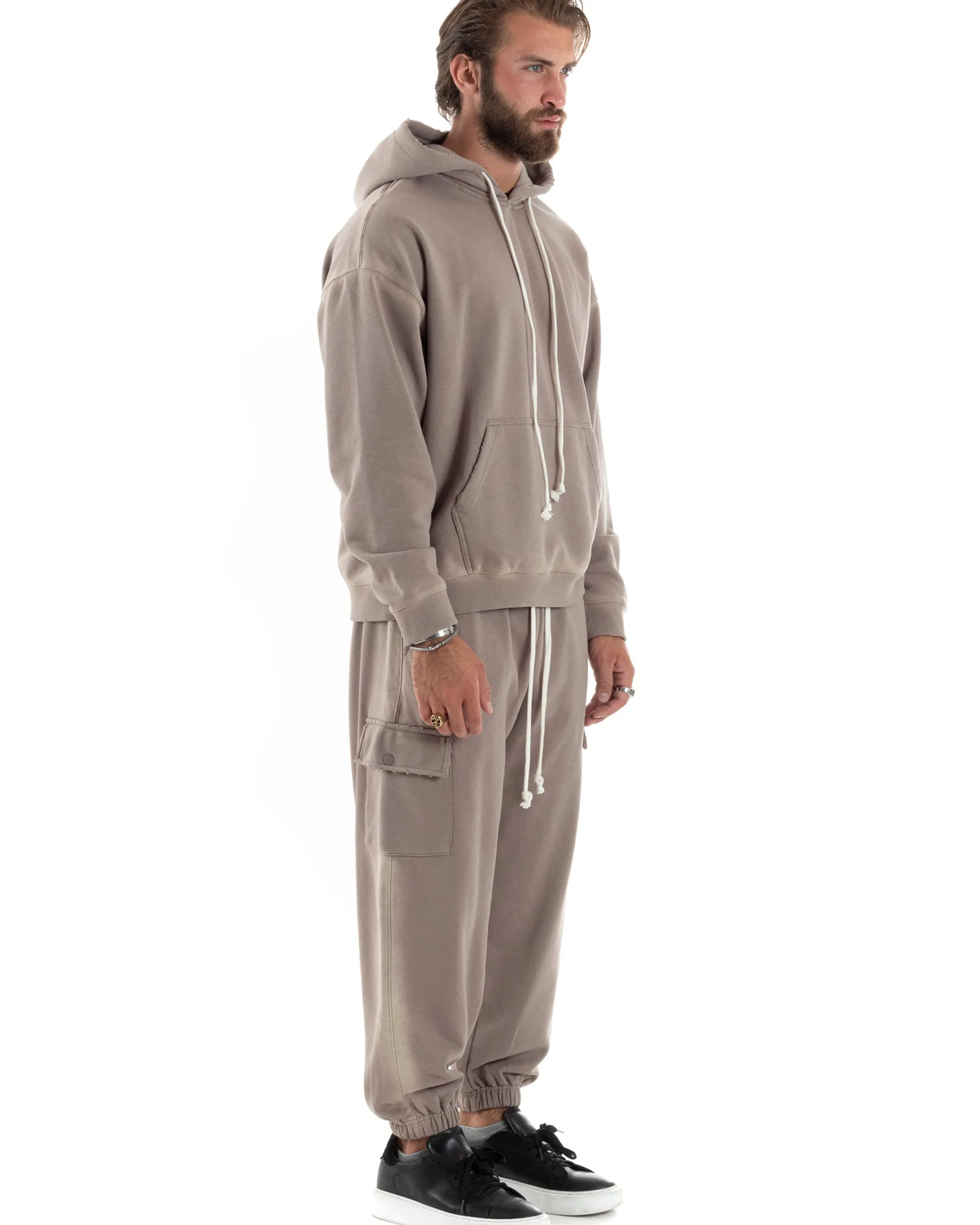 Completo Tuta Uomo Slavato Caldo Cotone Tracksuit Felpa Pantaloni Cargo Fango OU2477A