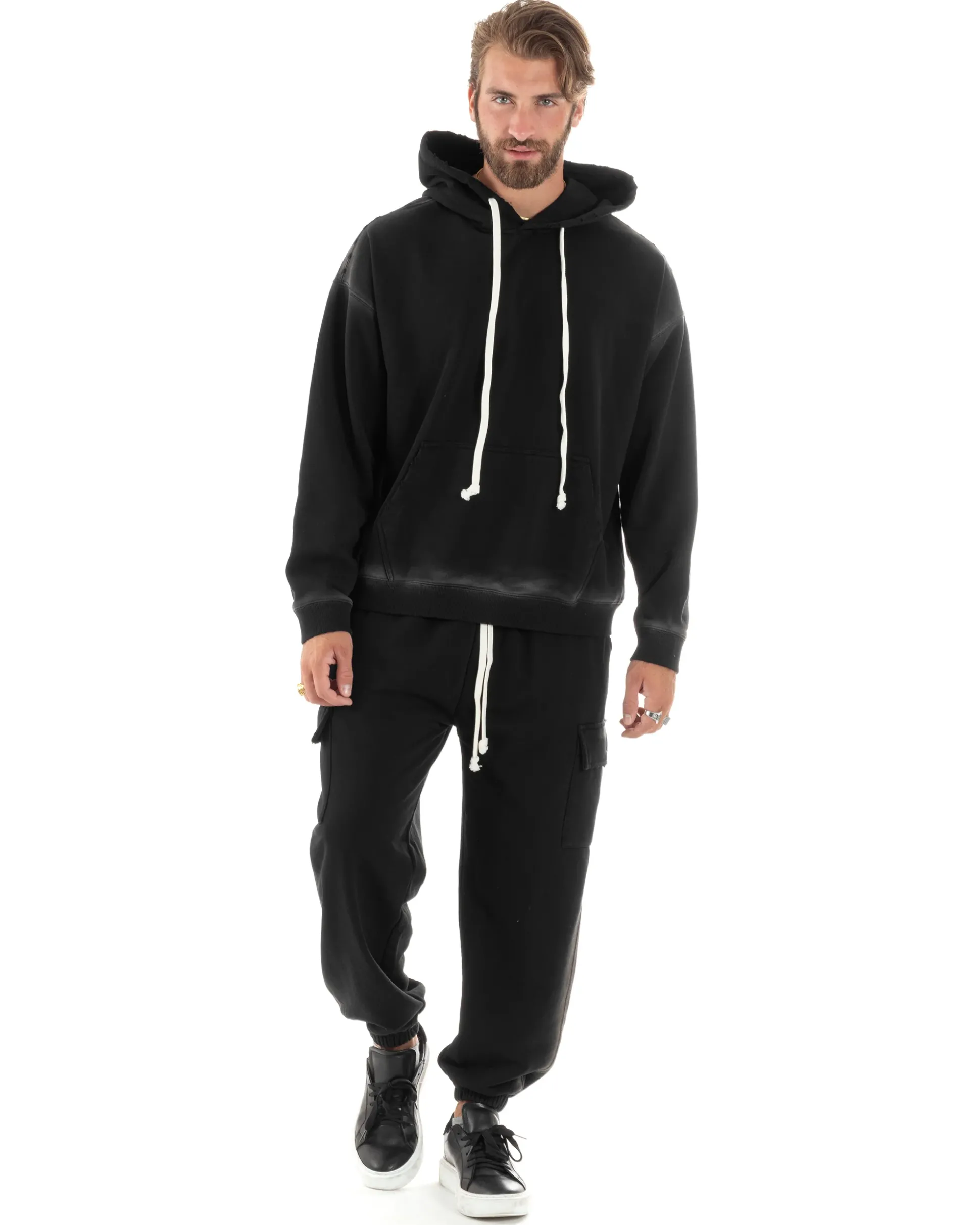Completo Tuta Uomo Slavato Caldo Cotone Tracksuit Felpa Pantaloni Cargo Nero OU2476A