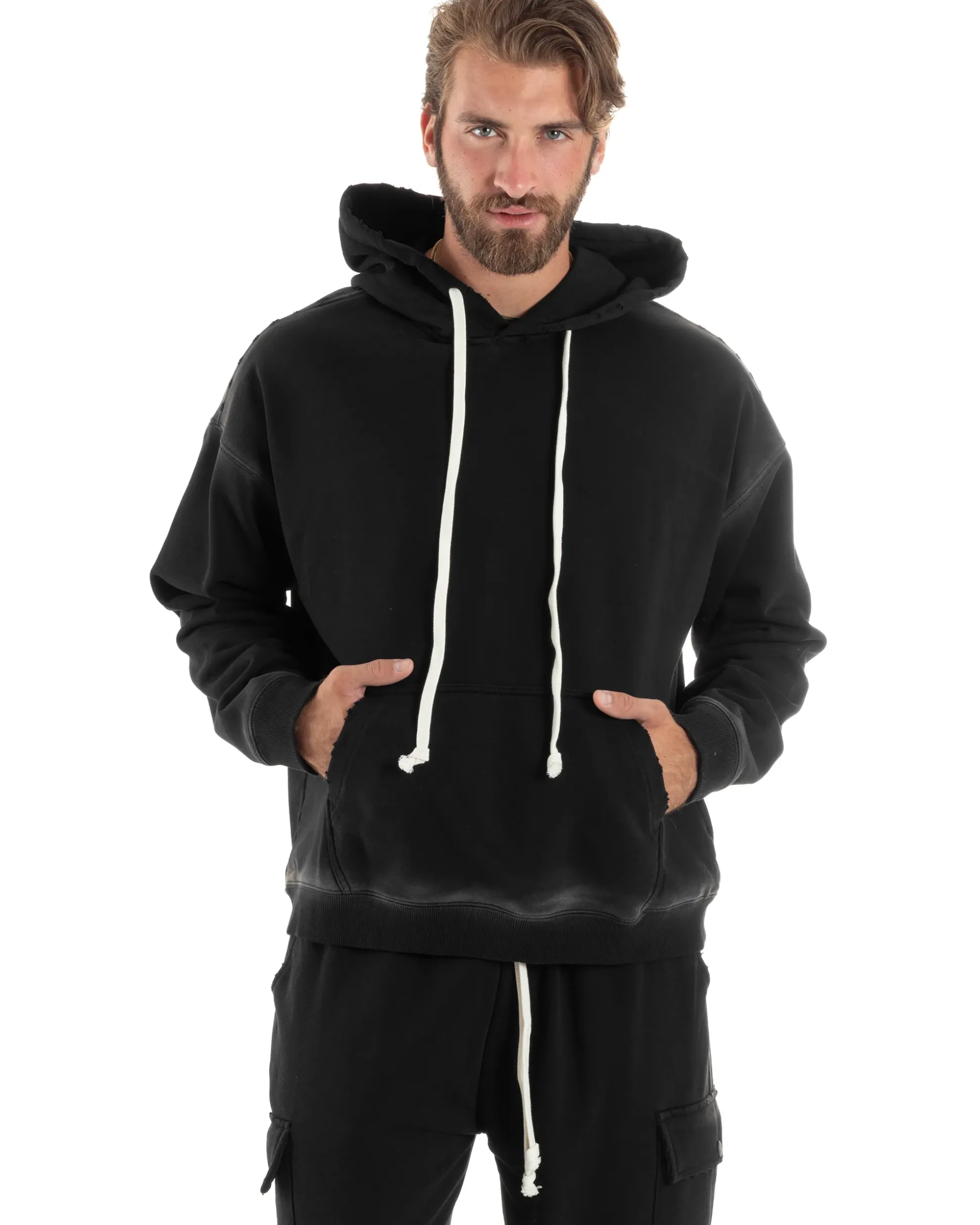 Completo Tuta Uomo Slavato Caldo Cotone Tracksuit Felpa Pantaloni Cargo Nero OU2476A