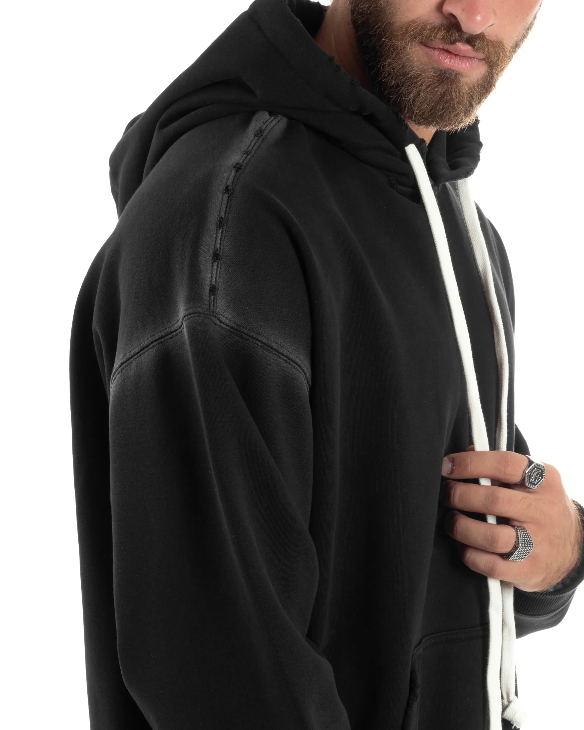 Completo Tuta Uomo Slavato Caldo Cotone Tracksuit Felpa Pantaloni Cargo Nero OU2476A