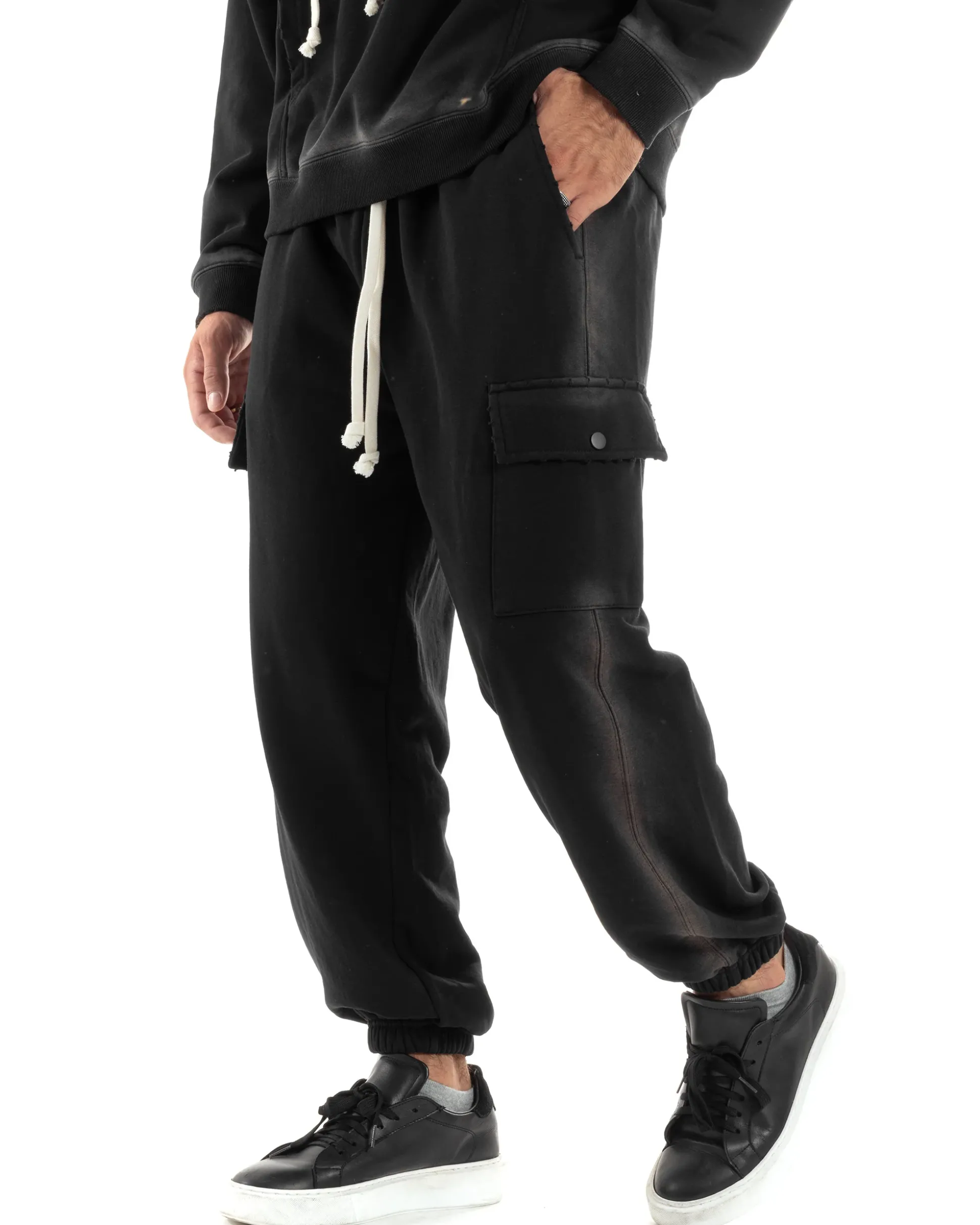 Completo Tuta Uomo Slavato Caldo Cotone Tracksuit Felpa Pantaloni Cargo Nero OU2476A