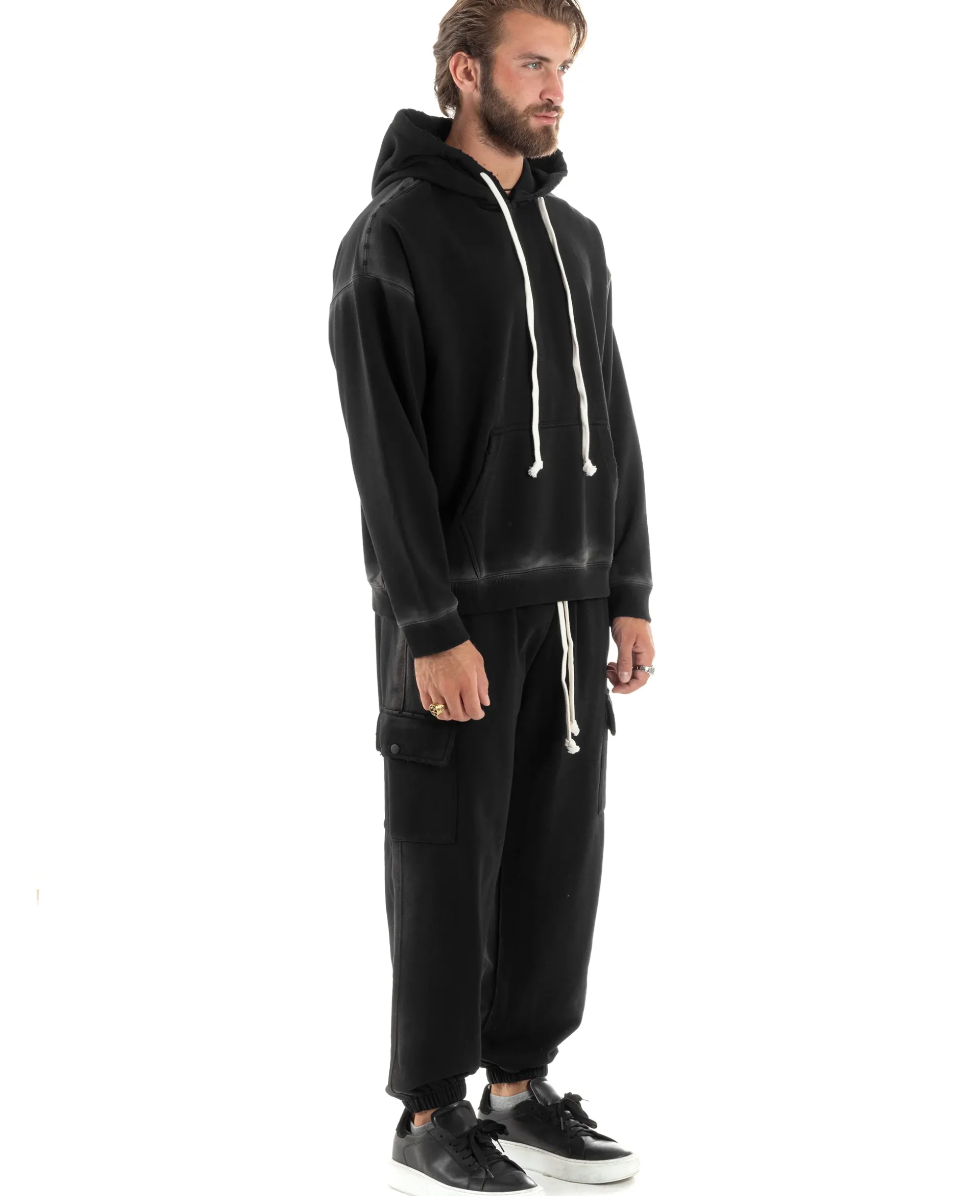 Completo Tuta Uomo Slavato Caldo Cotone Tracksuit Felpa Pantaloni Cargo Nero OU2476A