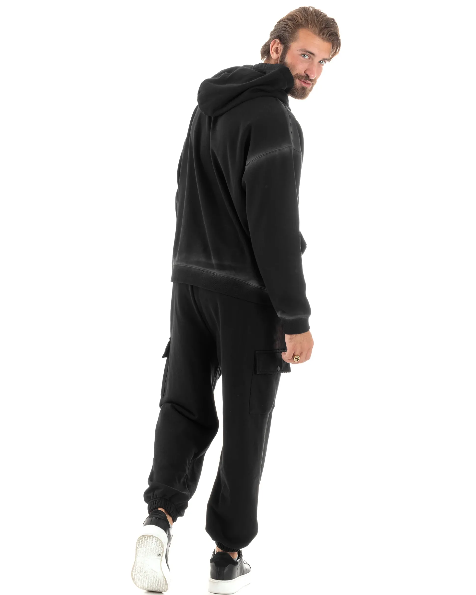Completo Tuta Uomo Slavato Caldo Cotone Tracksuit Felpa Pantaloni Cargo Nero OU2476A