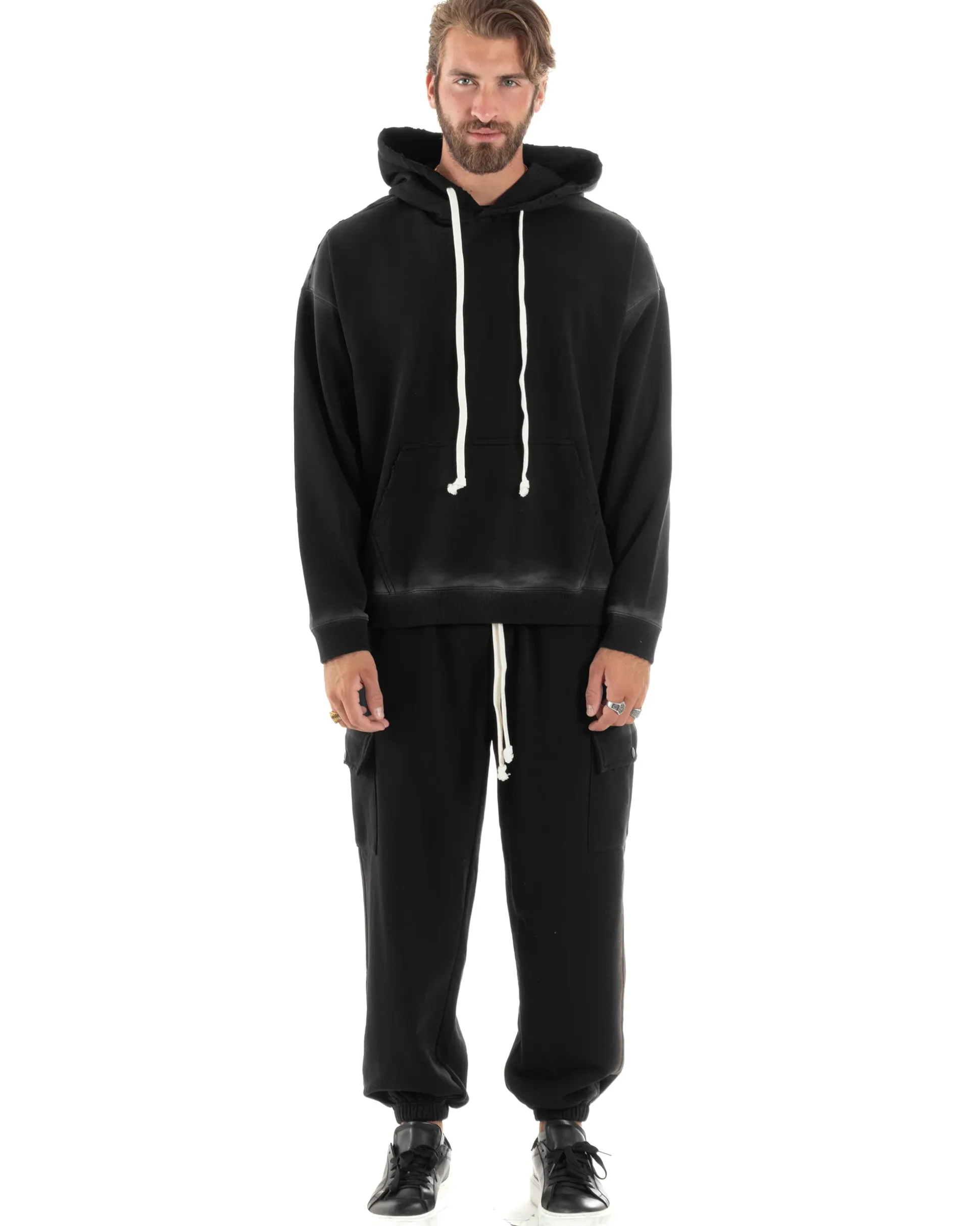 Completo Tuta Uomo Slavato Caldo Cotone Tracksuit Felpa Pantaloni Cargo Nero OU2476A