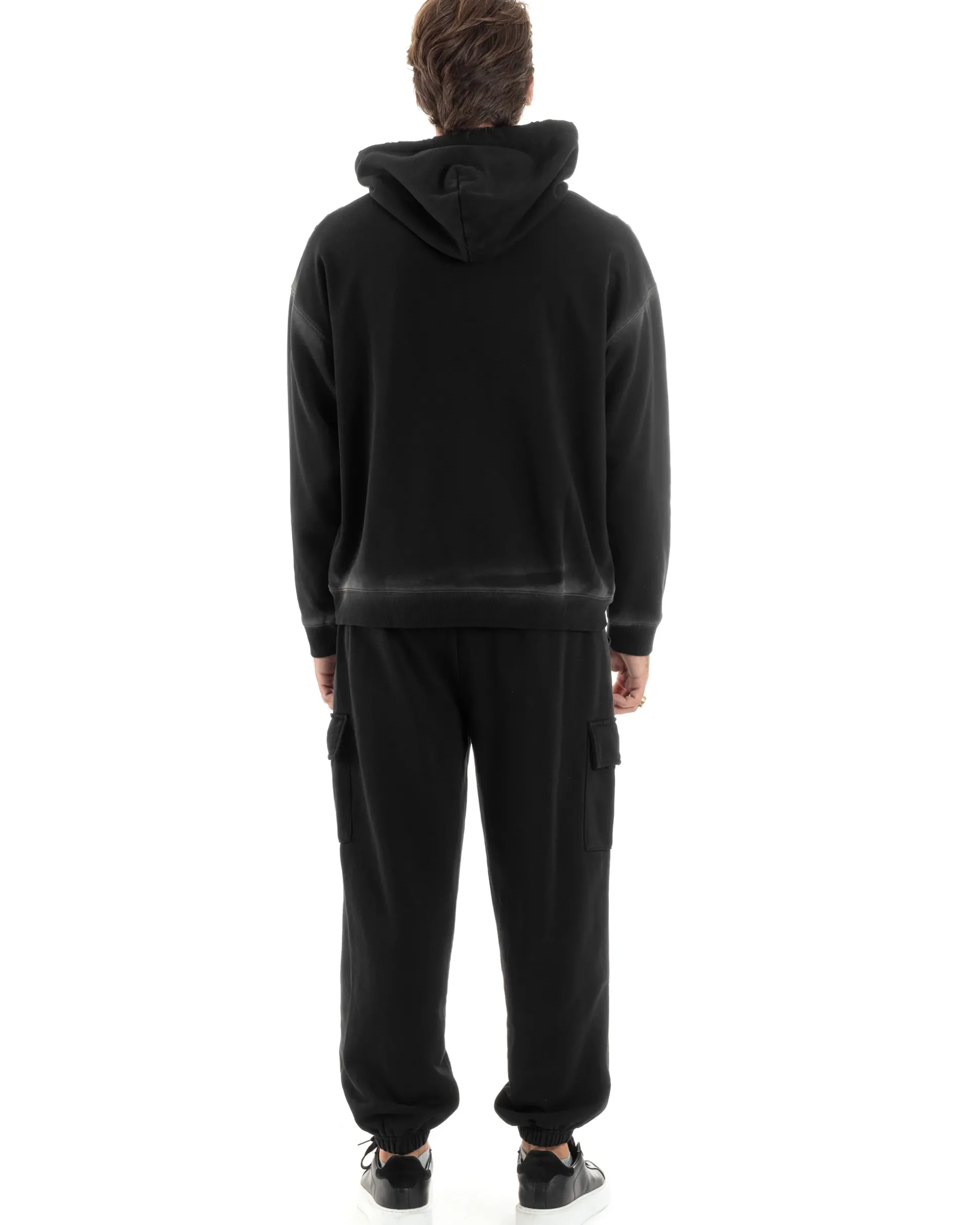 Completo Tuta Uomo Slavato Caldo Cotone Tracksuit Felpa Pantaloni Cargo Nero OU2476A