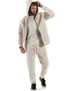 Completo Tuta Uomo Velluto Tracksuit Felpa Con Cappuccio Con Zip Pantaloni Con Coulisse Pantalaccio Panna GIOSAL-OU2479A