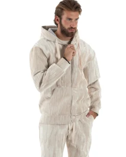 Completo Tuta Uomo Velluto Tracksuit Felpa Con Cappuccio Con Zip Pantaloni Con Coulisse Pantalaccio Panna GIOSAL-OU2479A