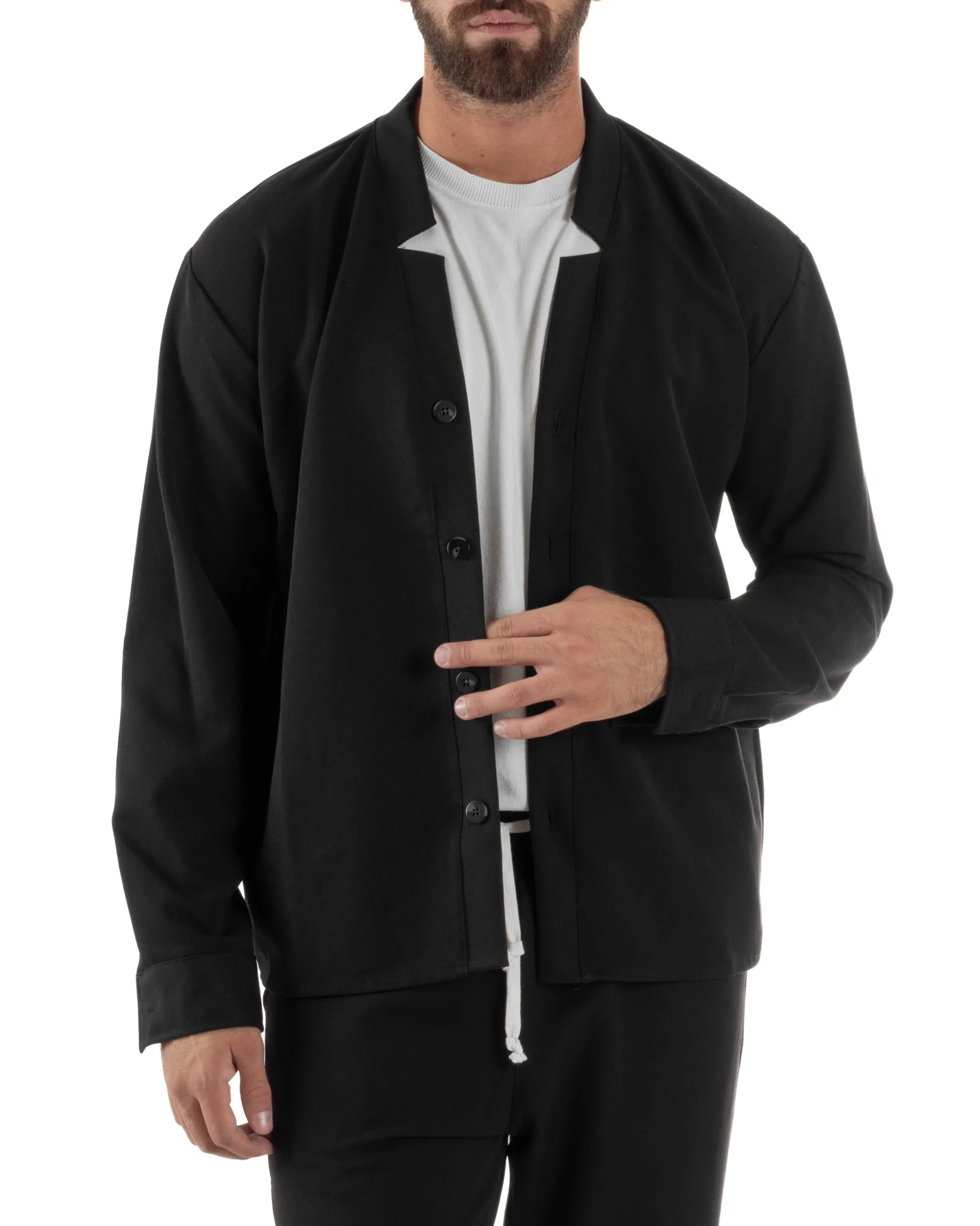 Coordinato Camicia Scollo V Pantaloni Viscosa Casual Nero OU2536A