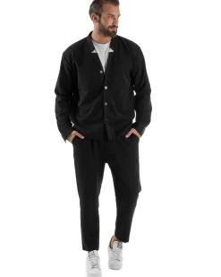 Coordinato Camicia Scollo V Pantaloni Viscosa Casual Nero OU2536A