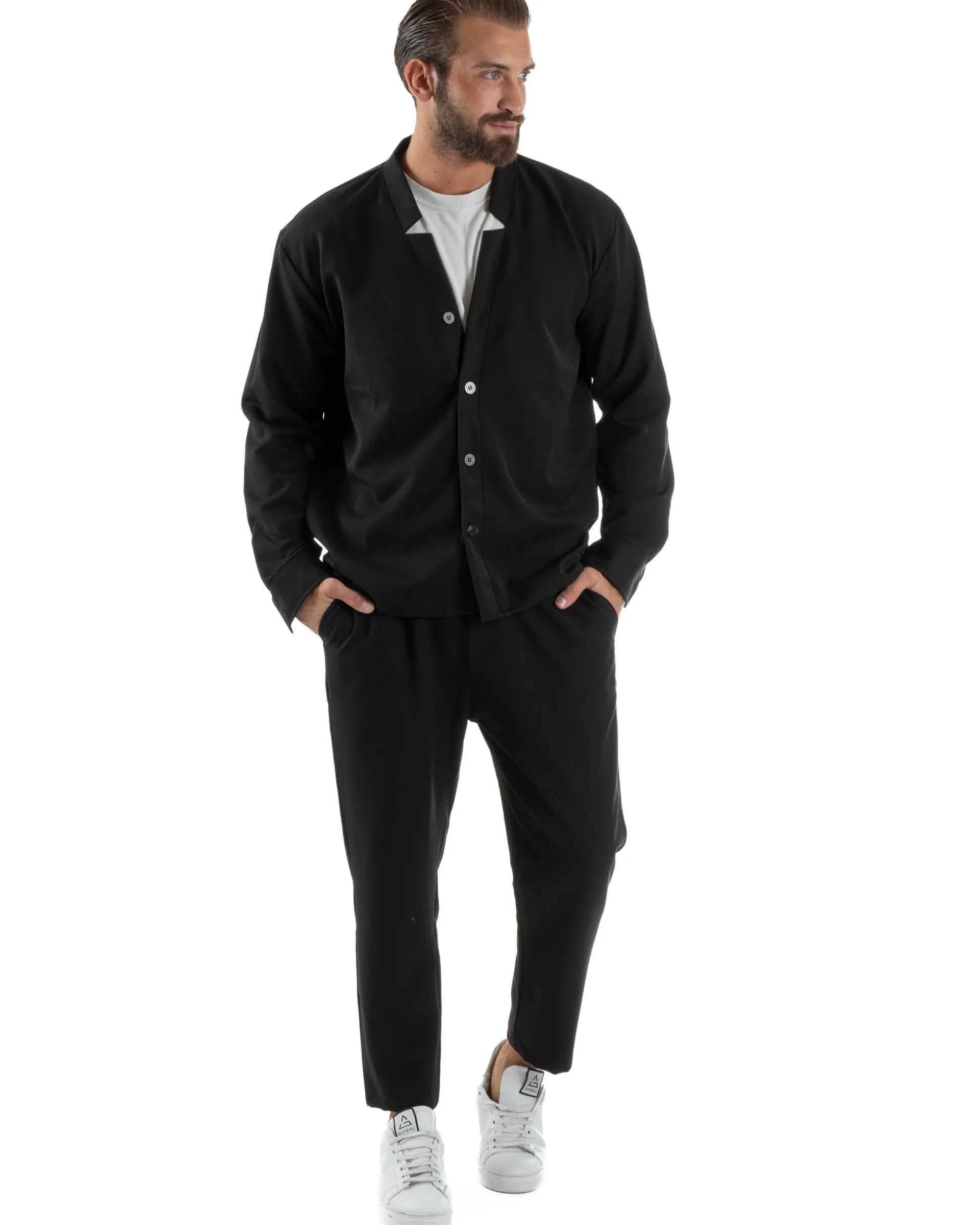 Coordinato Camicia Scollo V Pantaloni Viscosa Casual Nero OU2536A