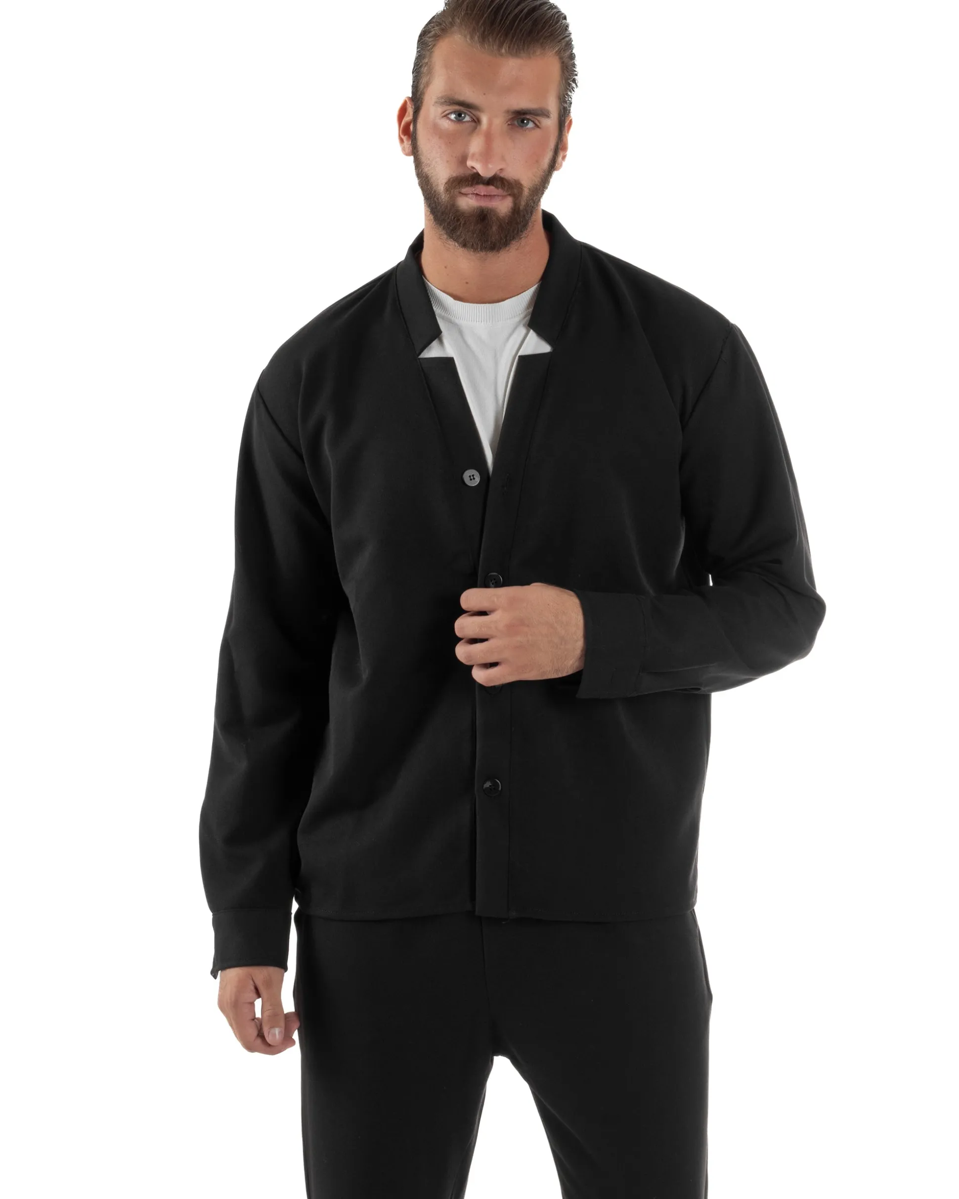 Coordinato Camicia Scollo V Pantaloni Viscosa Casual Nero OU2536A