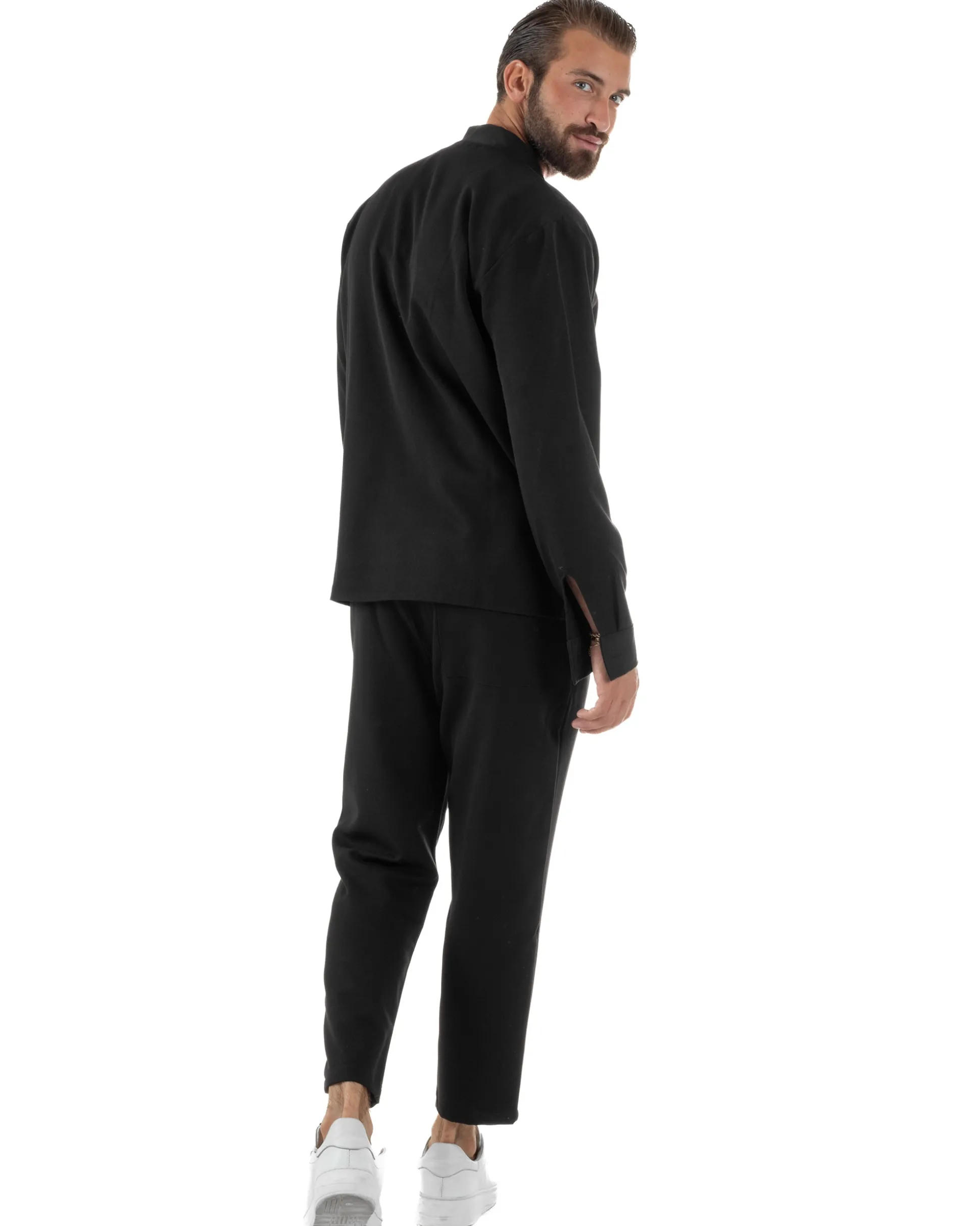 Coordinato Camicia Scollo V Pantaloni Viscosa Casual Nero OU2536A