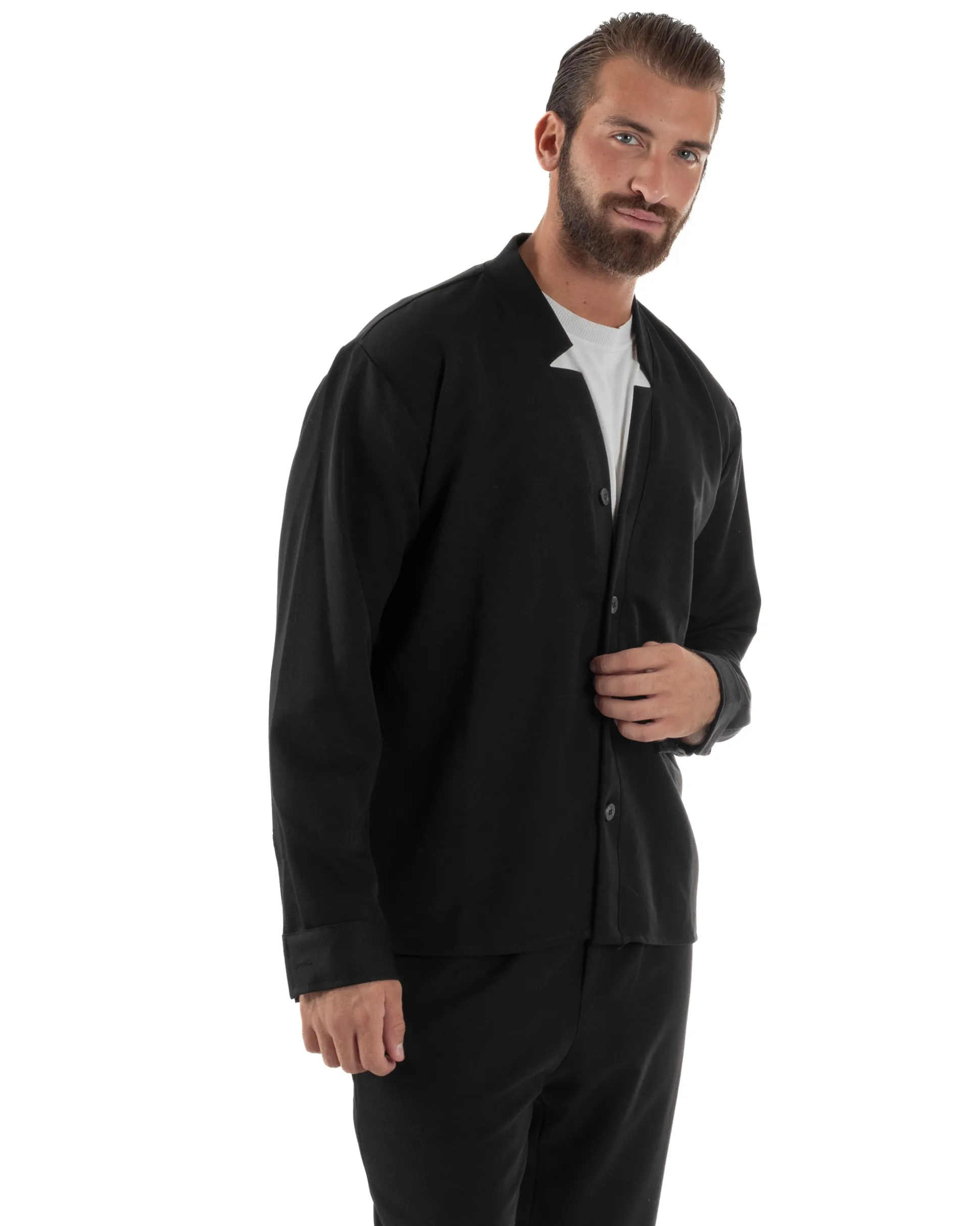 Coordinato Camicia Scollo V Pantaloni Viscosa Casual Nero OU2536A