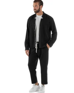 Coordinato Camicia Scollo V Pantaloni Viscosa Casual Nero OU2536A