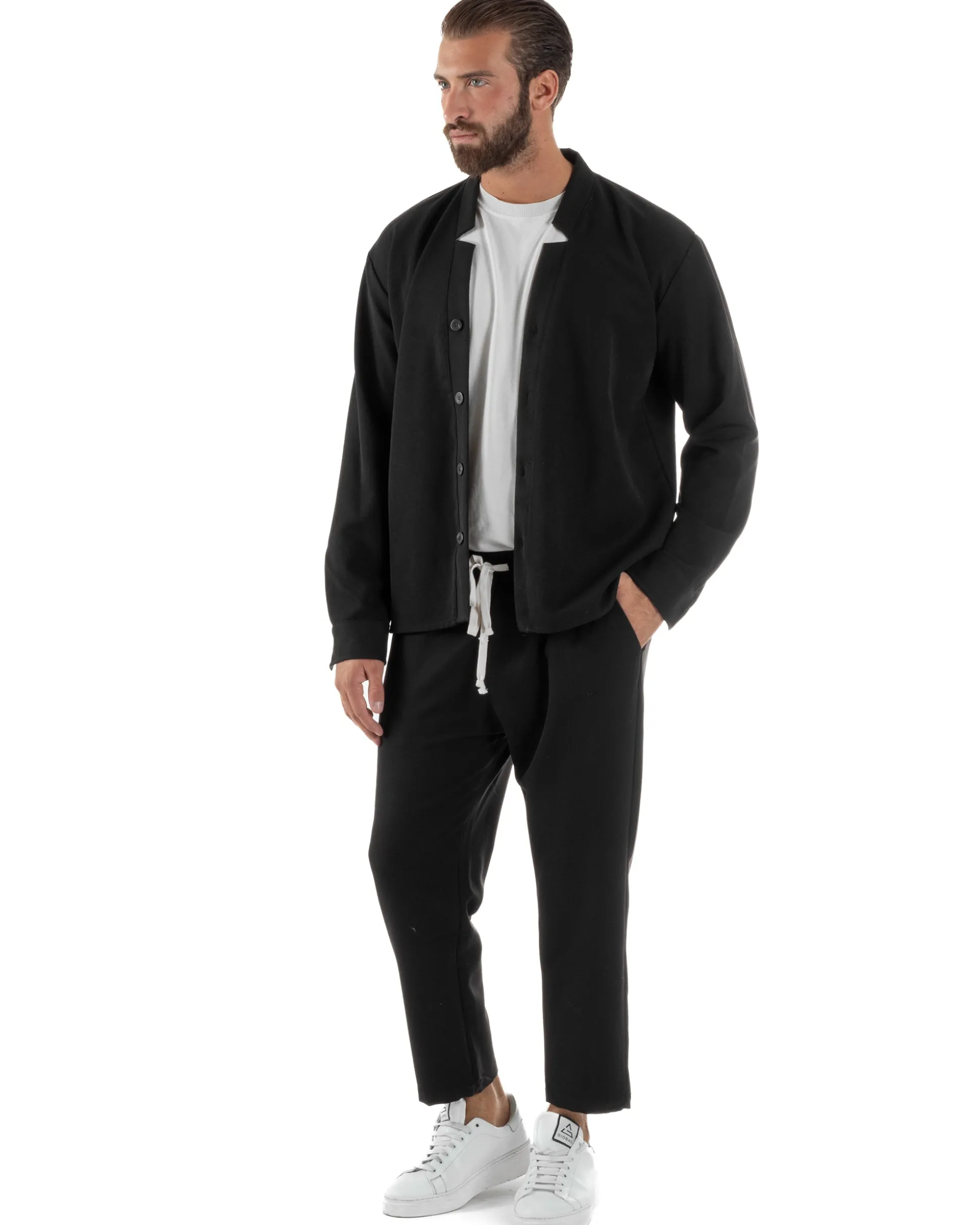 Coordinato Camicia Scollo V Pantaloni Viscosa Casual Nero OU2536A