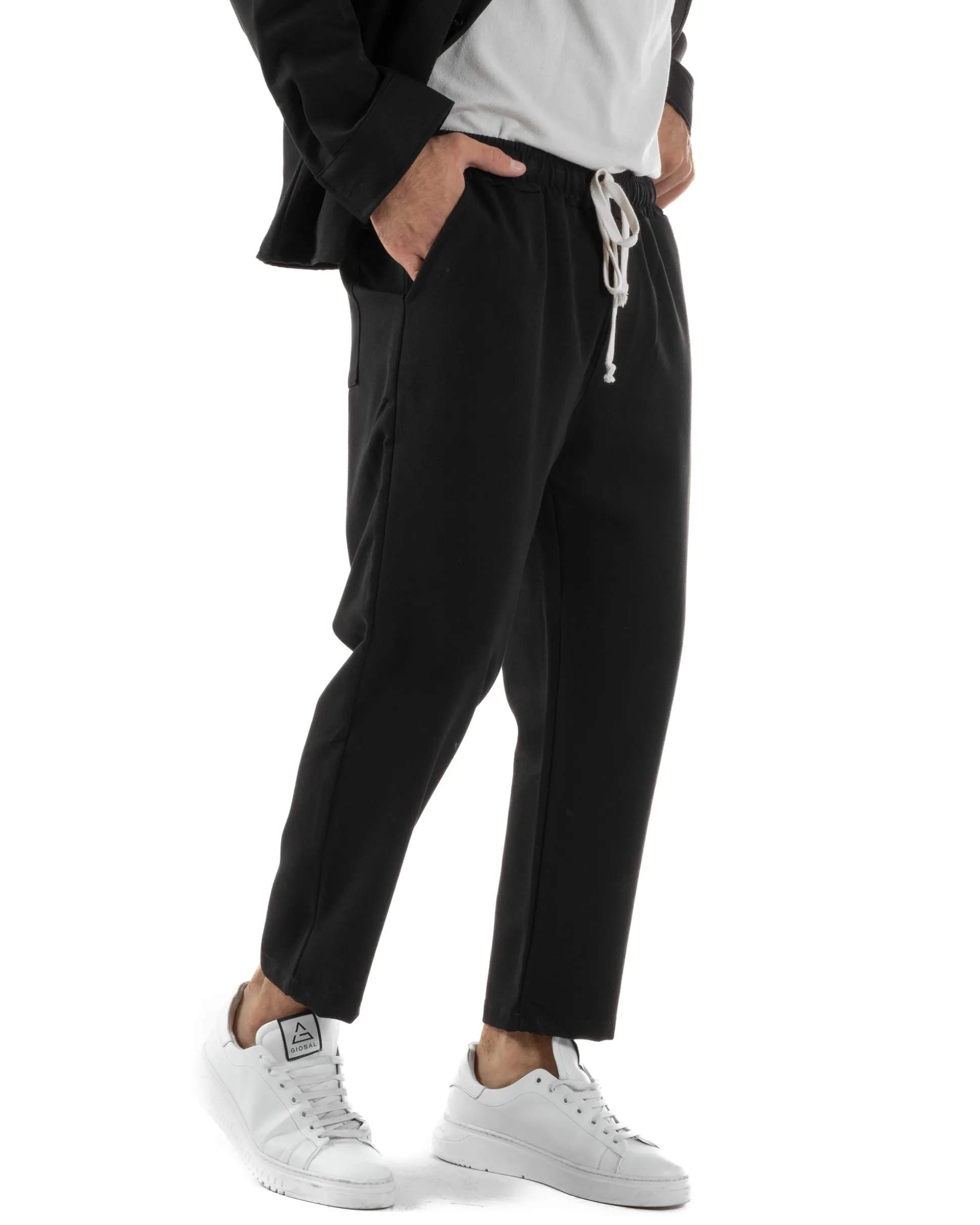 Coordinato Camicia Scollo V Pantaloni Viscosa Casual Nero OU2536A
