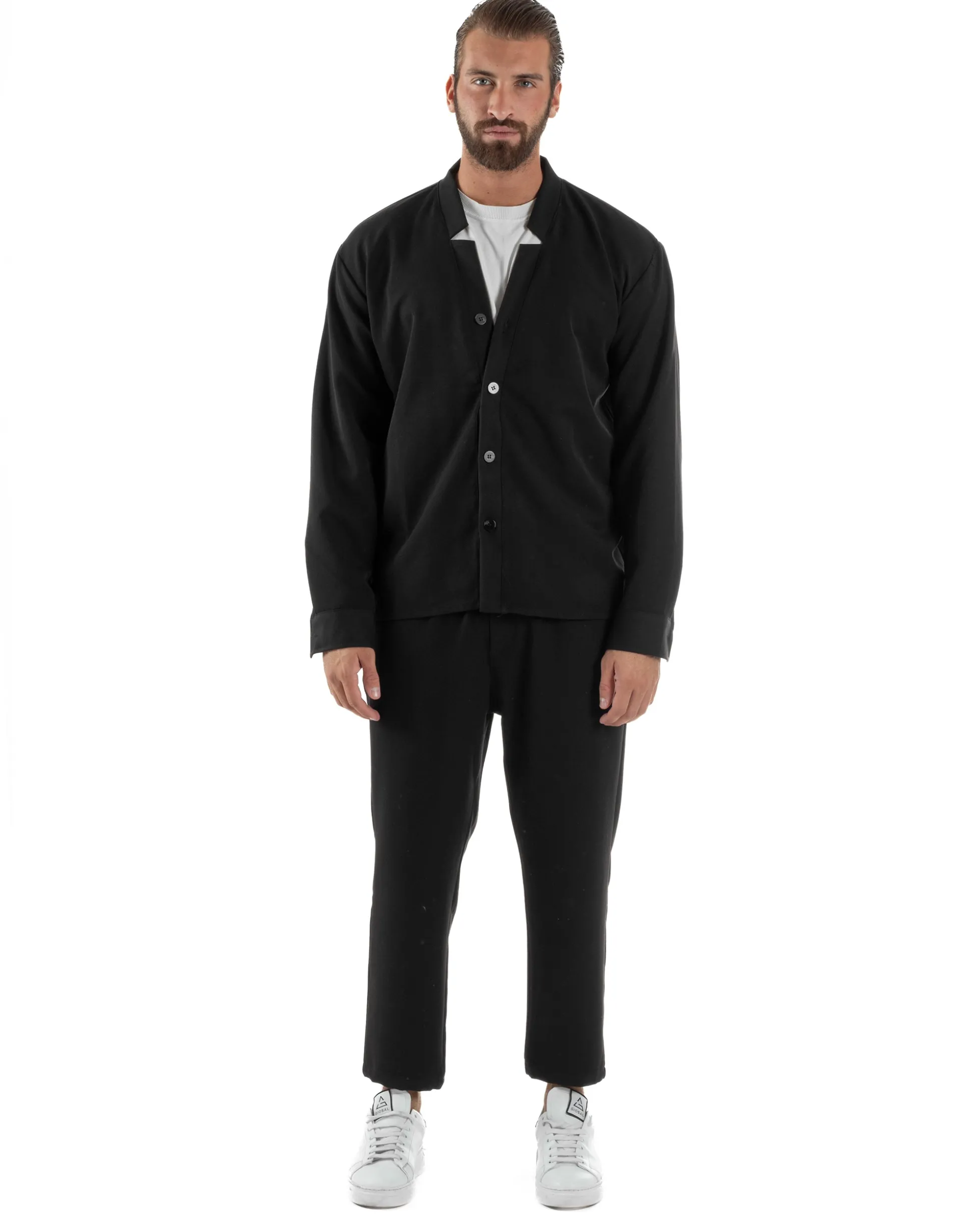 Coordinato Camicia Scollo V Pantaloni Viscosa Casual Nero OU2536A