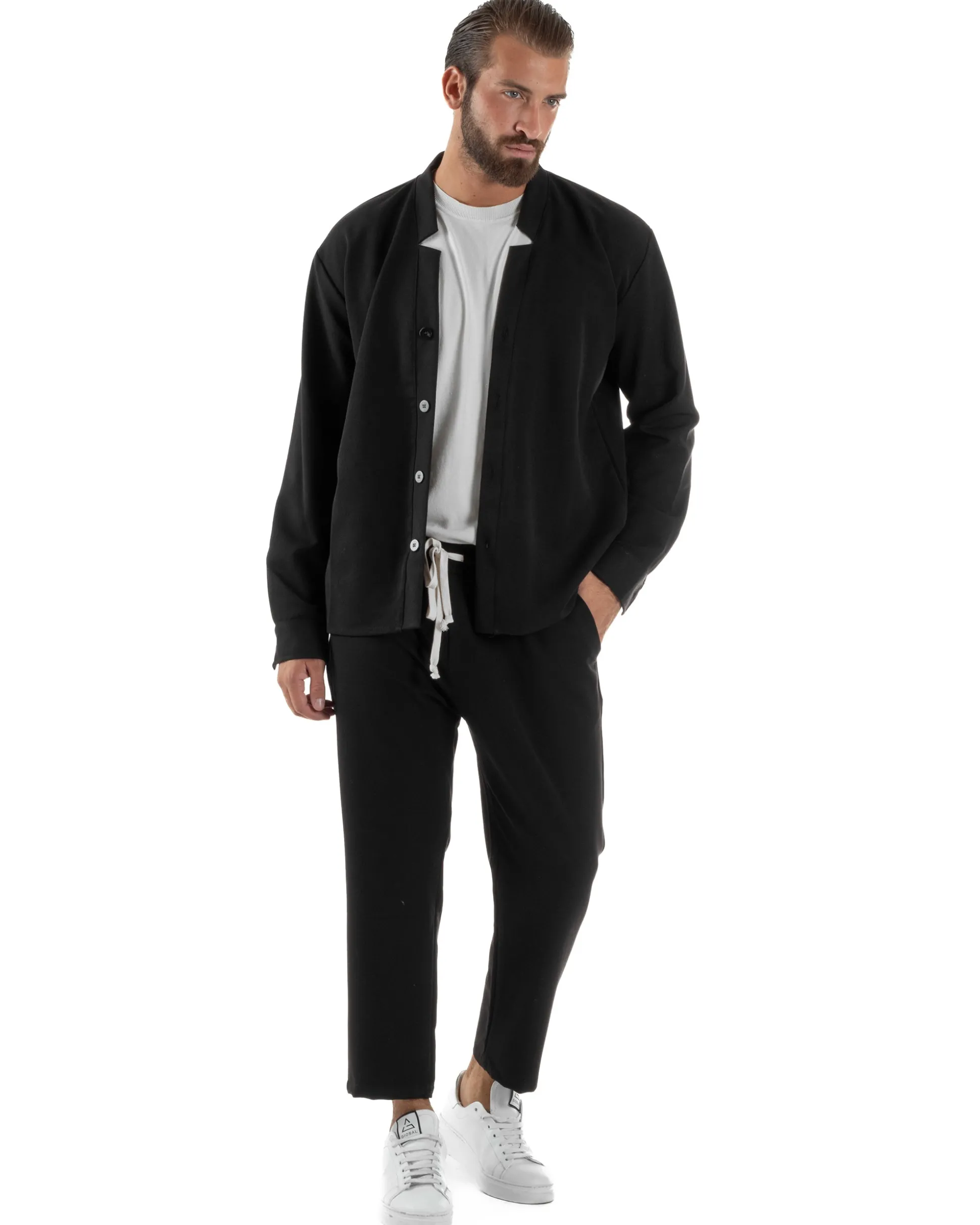 Coordinato Camicia Scollo V Pantaloni Viscosa Casual Nero OU2536A