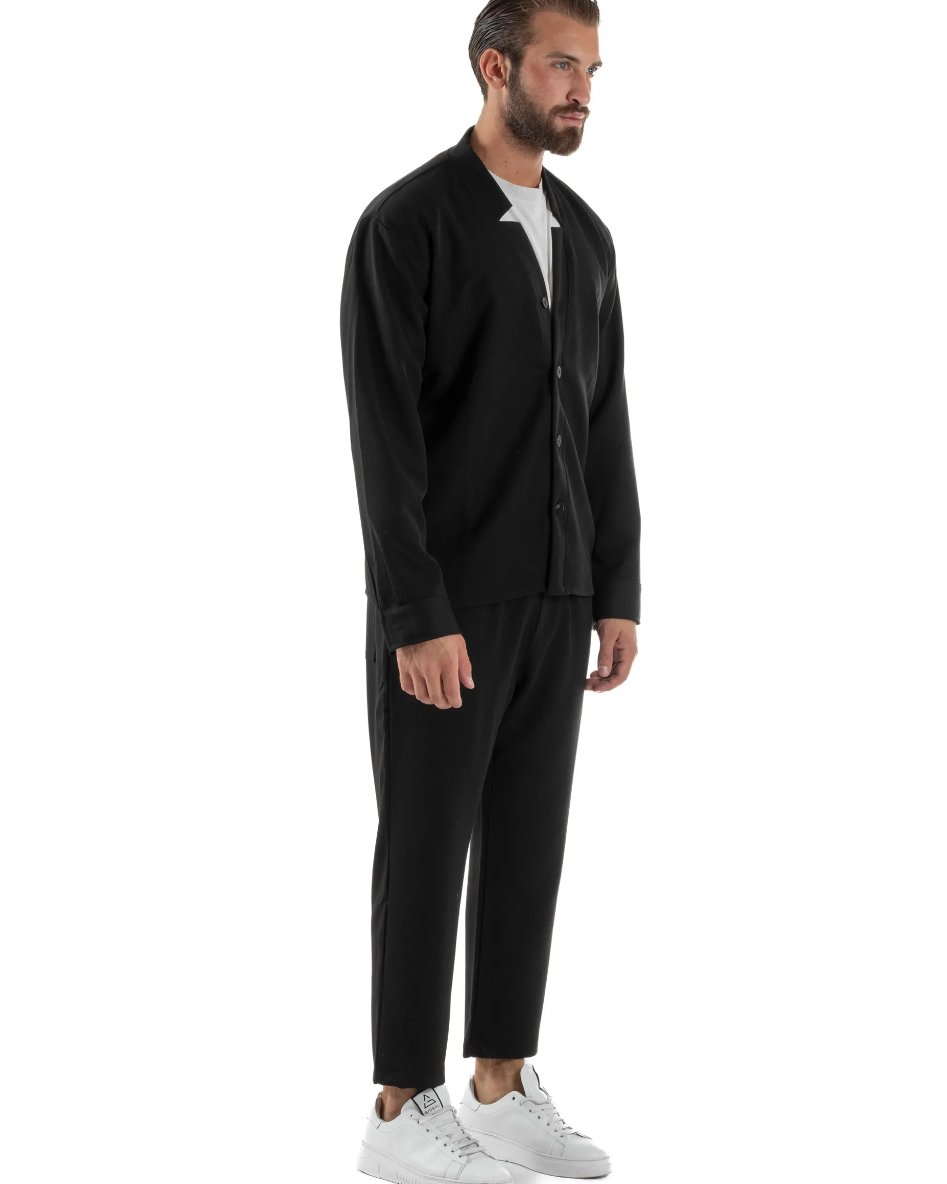 Coordinato Camicia Scollo V Pantaloni Viscosa Casual Nero OU2536A