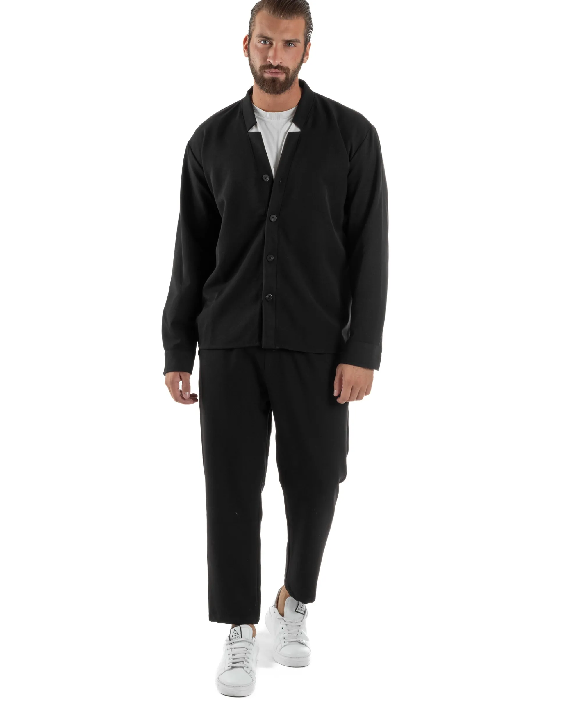 Coordinato Camicia Scollo V Pantaloni Viscosa Casual Nero OU2536A