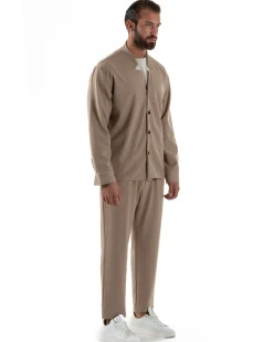 Coordinato Camicia Scollo V Pantaloni Viscosa Casual Beige OU2535A