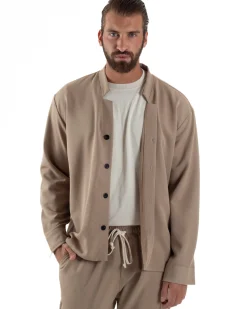 Coordinato Camicia Scollo V Pantaloni Viscosa Casual Beige OU2535A