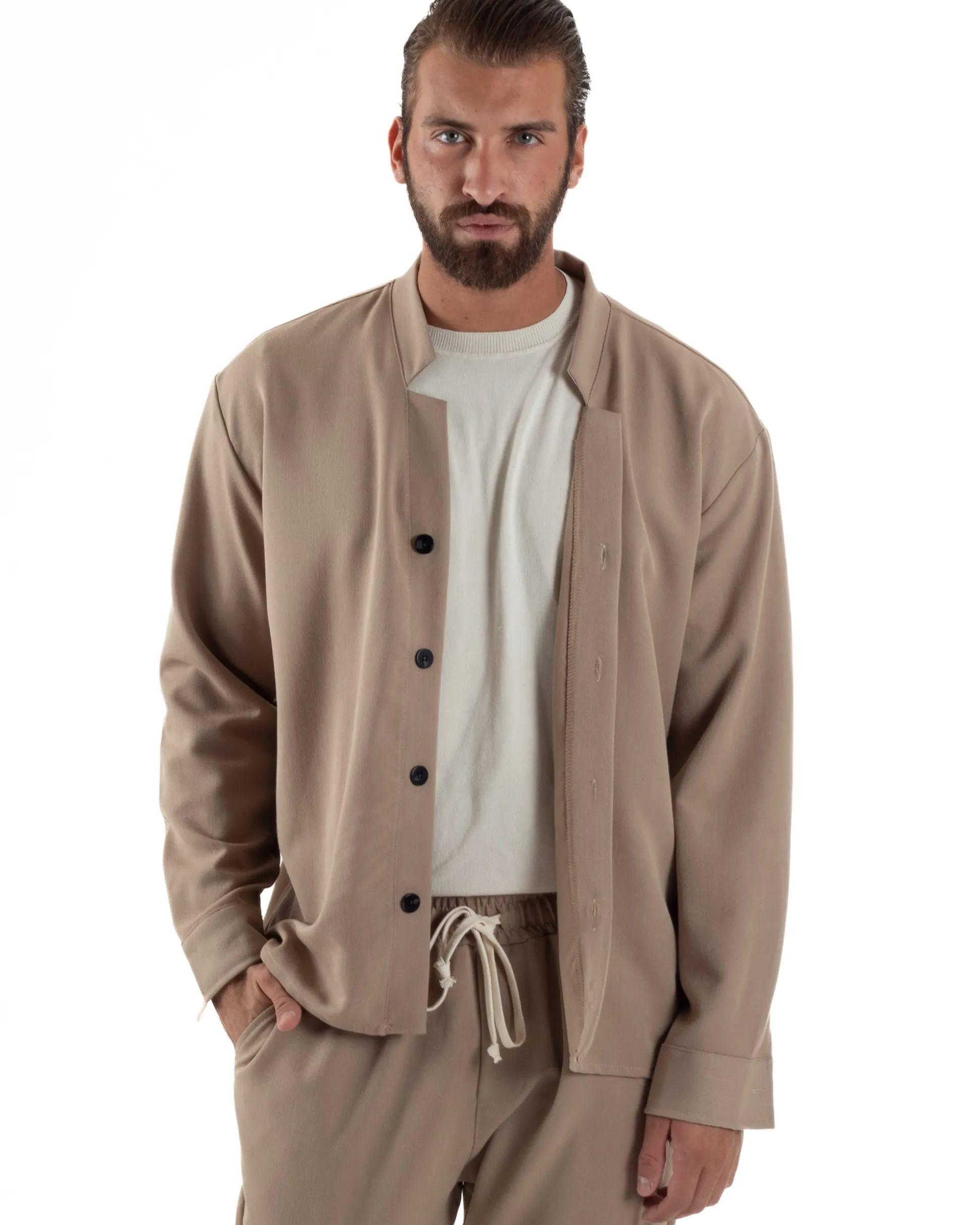 Coordinato Camicia Scollo V Pantaloni Viscosa Casual Beige OU2535A