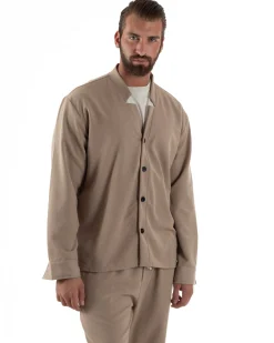 Coordinato Camicia Scollo V Pantaloni Viscosa Casual Beige OU2535A