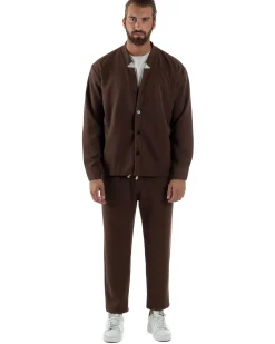 Coordinato Camicia Scollo V Pantaloni Viscosa Casual Marrone OU2534A