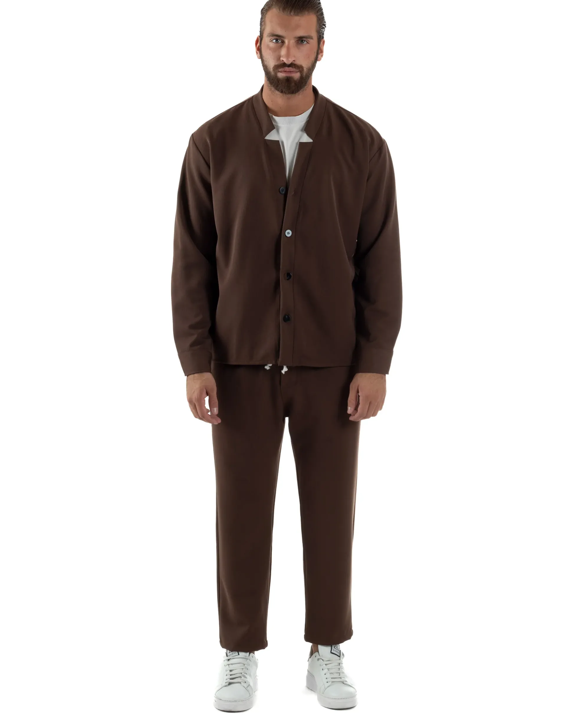 Coordinato Camicia Scollo V Pantaloni Viscosa Casual Marrone OU2534A