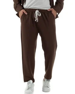 Coordinato Camicia Scollo V Pantaloni Viscosa Casual Marrone OU2534A
