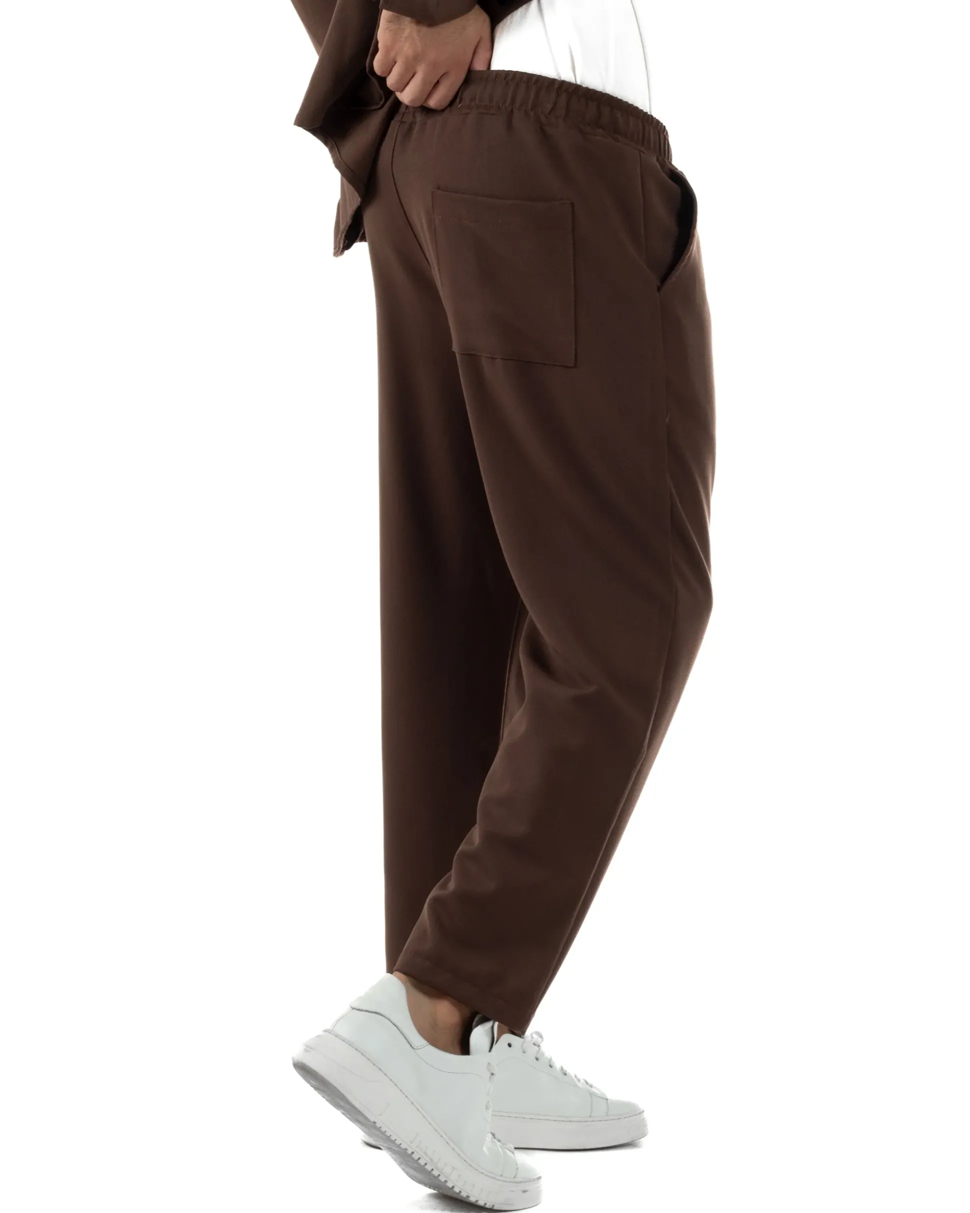 Coordinato Camicia Scollo V Pantaloni Viscosa Casual Marrone OU2534A