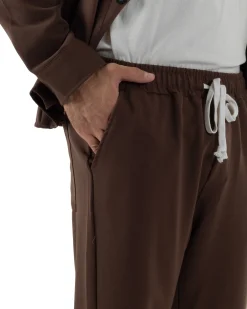 Coordinato Camicia Scollo V Pantaloni Viscosa Casual Marrone OU2534A