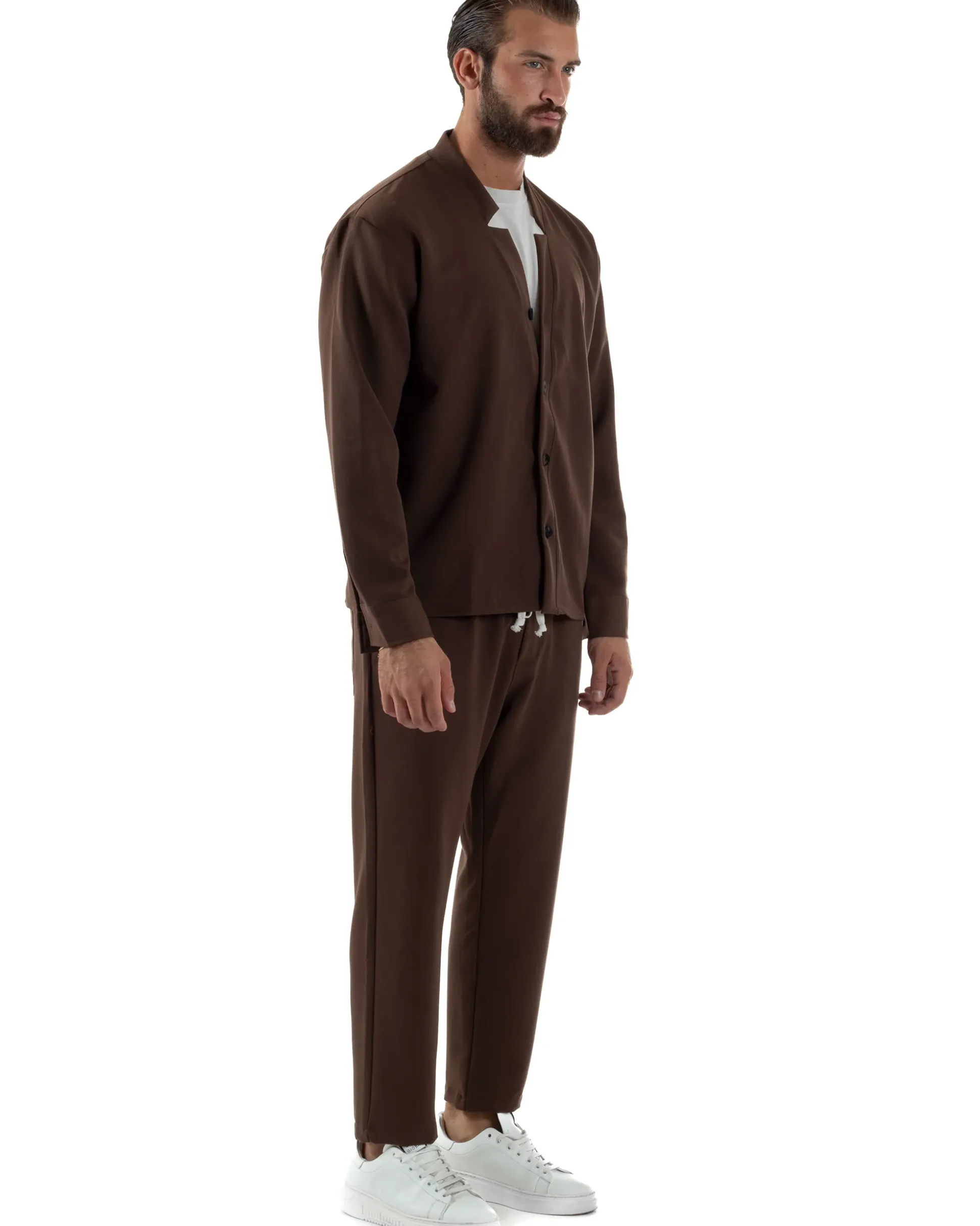 Coordinato Camicia Scollo V Pantaloni Viscosa Casual Marrone OU2534A