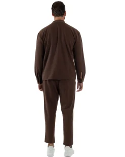 Coordinato Camicia Scollo V Pantaloni Viscosa Casual Marrone OU2534A