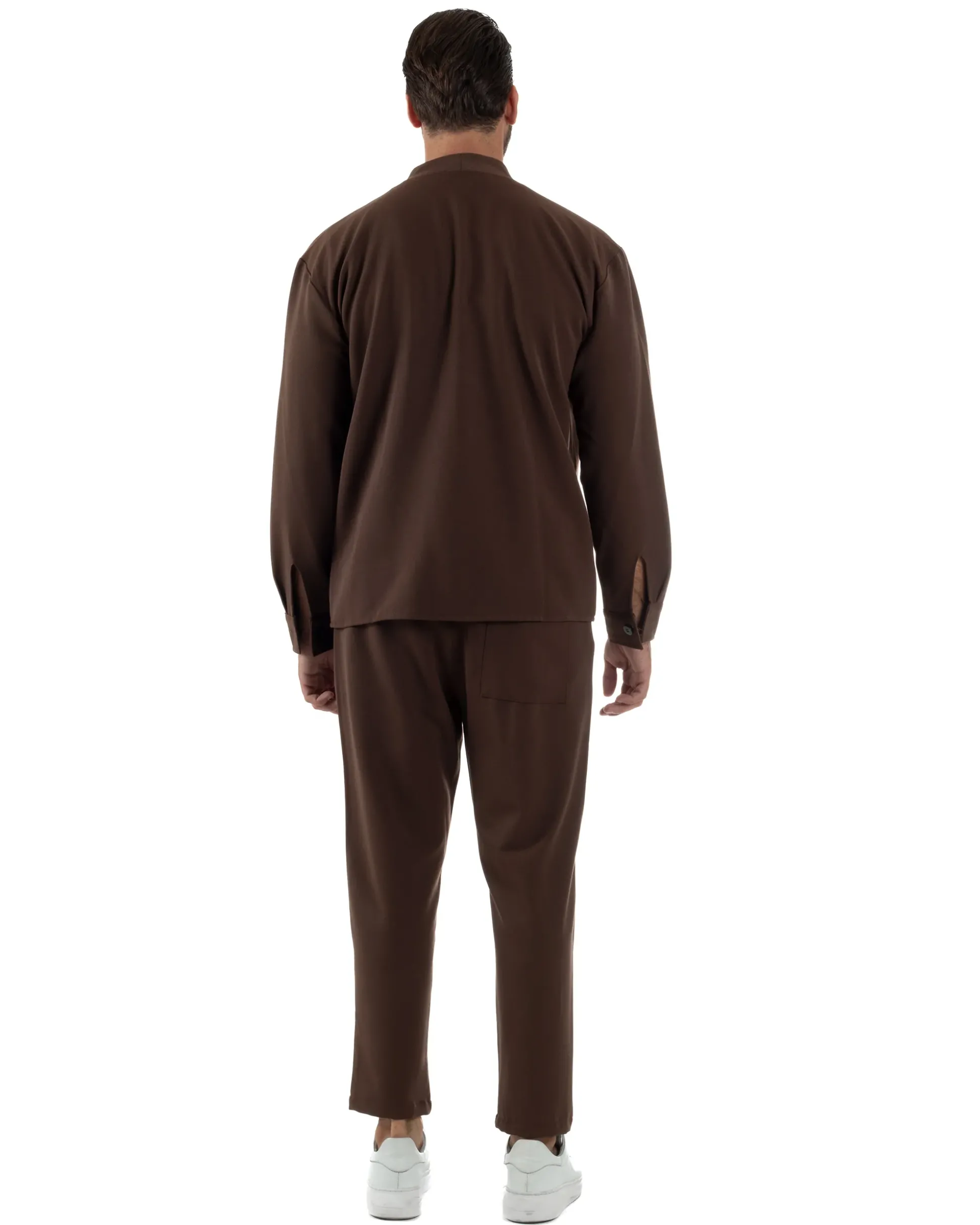 Coordinato Camicia Scollo V Pantaloni Viscosa Casual Marrone OU2534A