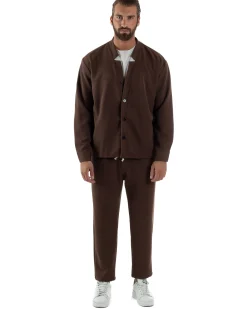 Coordinato Camicia Scollo V Pantaloni Viscosa Casual Marrone OU2534A