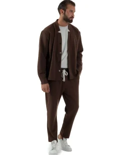 Coordinato Camicia Scollo V Pantaloni Viscosa Casual Marrone OU2534A