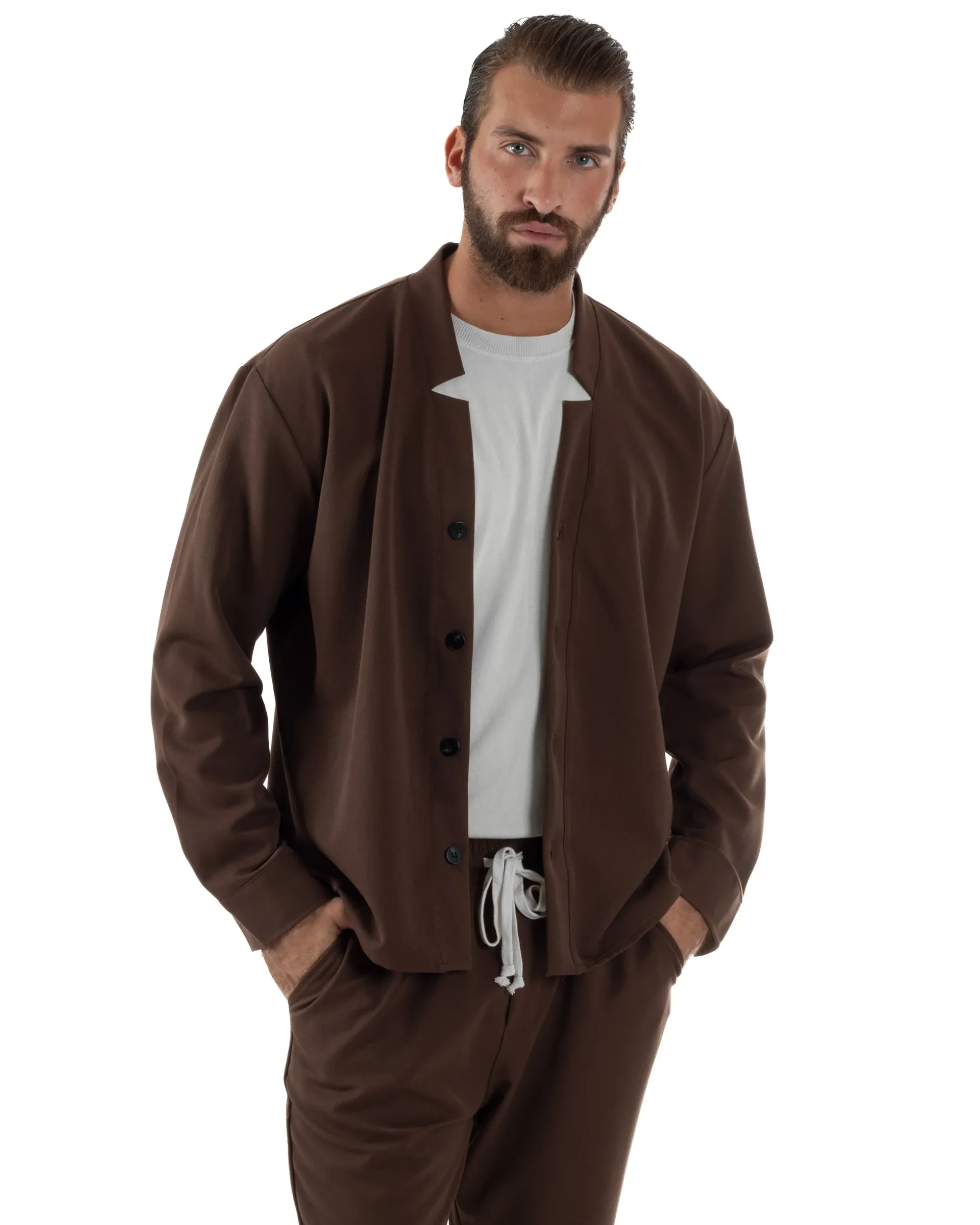 Coordinato Camicia Scollo V Pantaloni Viscosa Casual Marrone OU2534A