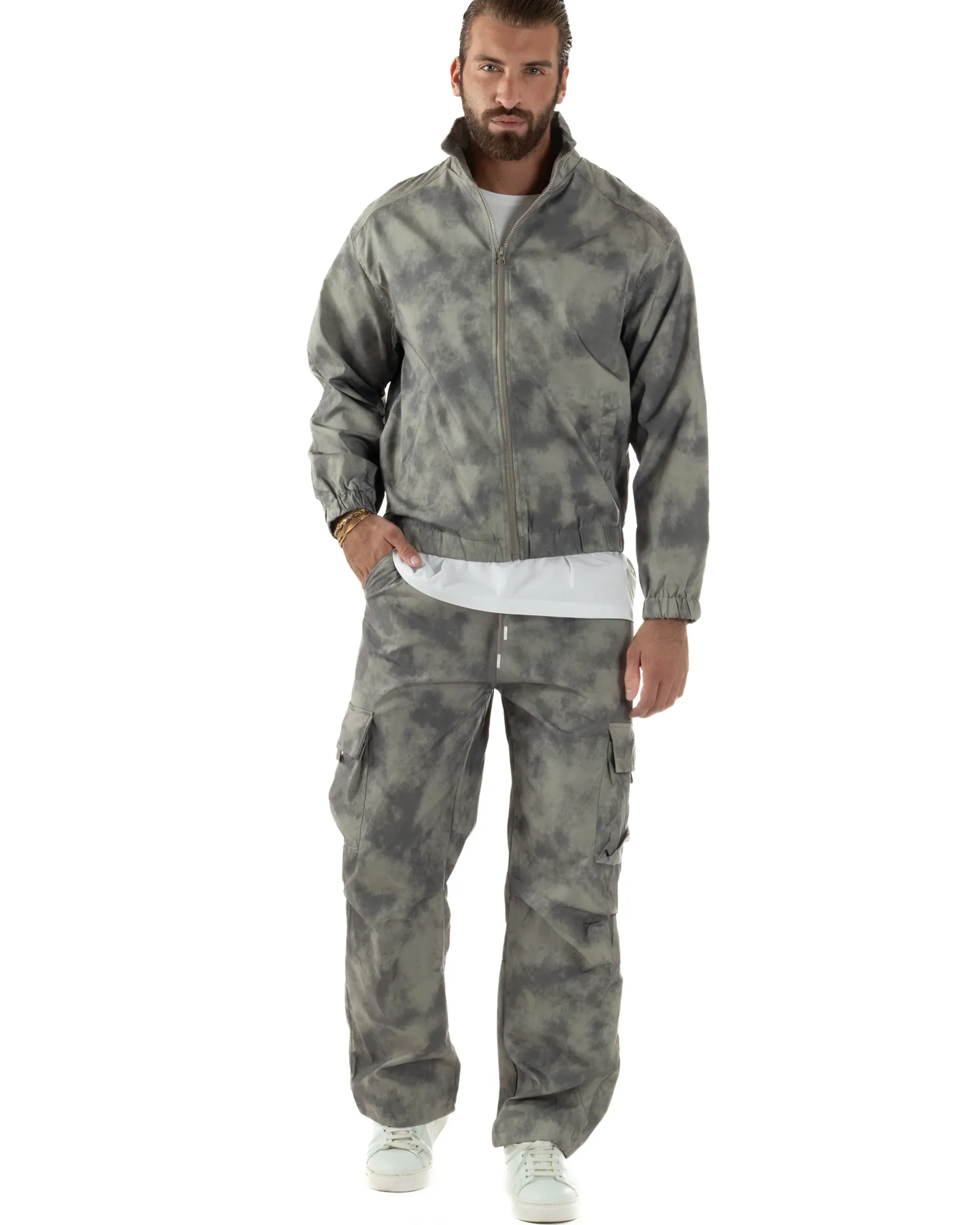 Coordinato Tuta Giacca Giubbotto Pantaloni Baggy Cargo Tie Dye Verde OU2530A